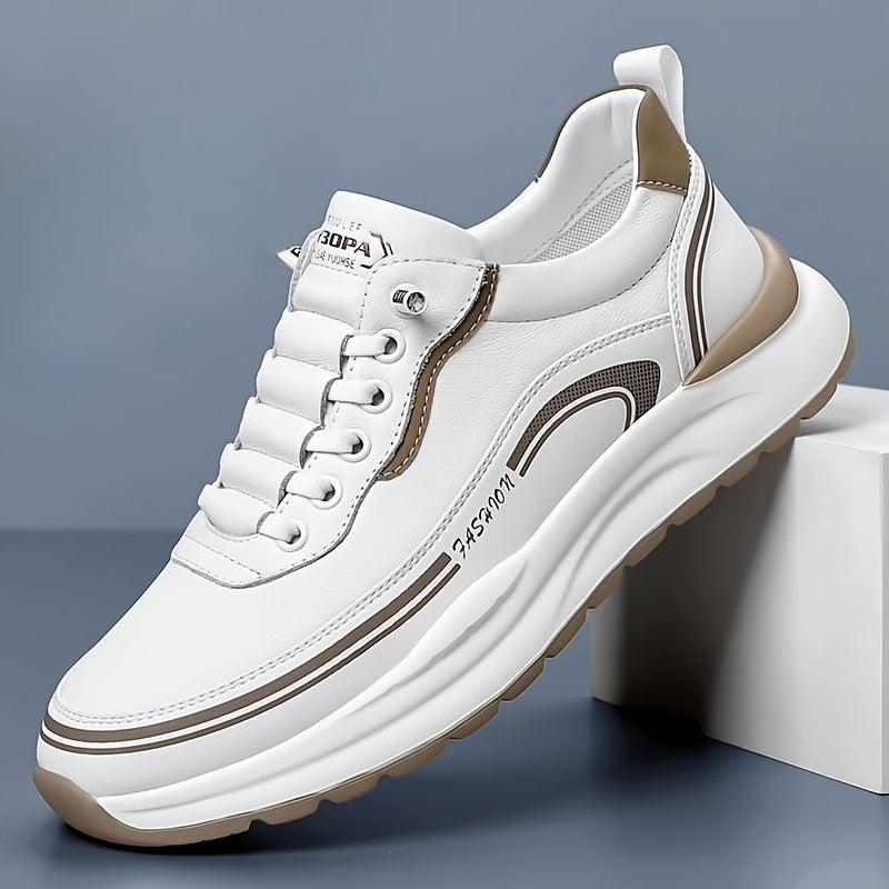 Men's Breathable Lightweight Casual Sneakers - Soft EVA Sole, White Brown Low-Top Lace-Up Shoes for Casual Attire Light Running, All-Season Comfort, Sleek Shoe Design, Daily Walking, Minimalist Style, Flexible Sole, Urban