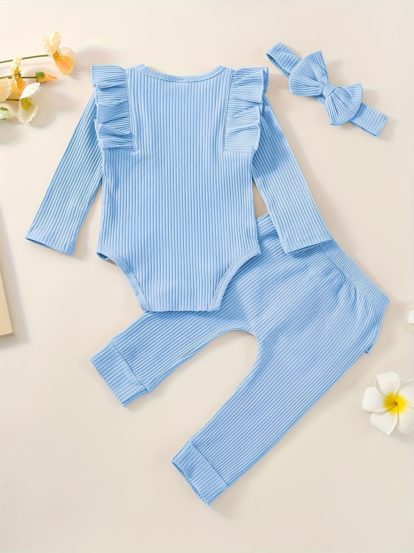 3pcs Baby Girl Outfit Set, Cute Ribbed Ruffle Long Sleeve Romper & Pants, 95% Cotton 5% Spandex, Crew Neck Pullovers, Solid Color, Regular Fit, No Belt, Fall/Winter Knit Fabric, 0-18 Months, for Outdoor