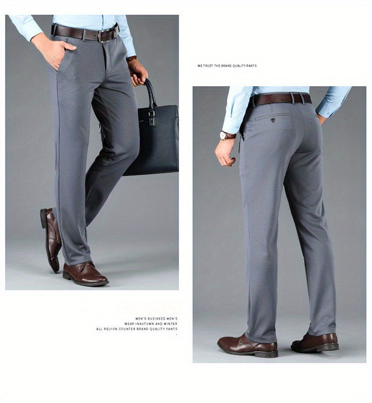 Men's Sleek Business Casual Dress Pants - Solid Black, Straight Leg, Wrinkle-Resistant Polyester Blend, All-Season Formal Trousers with Button Detail