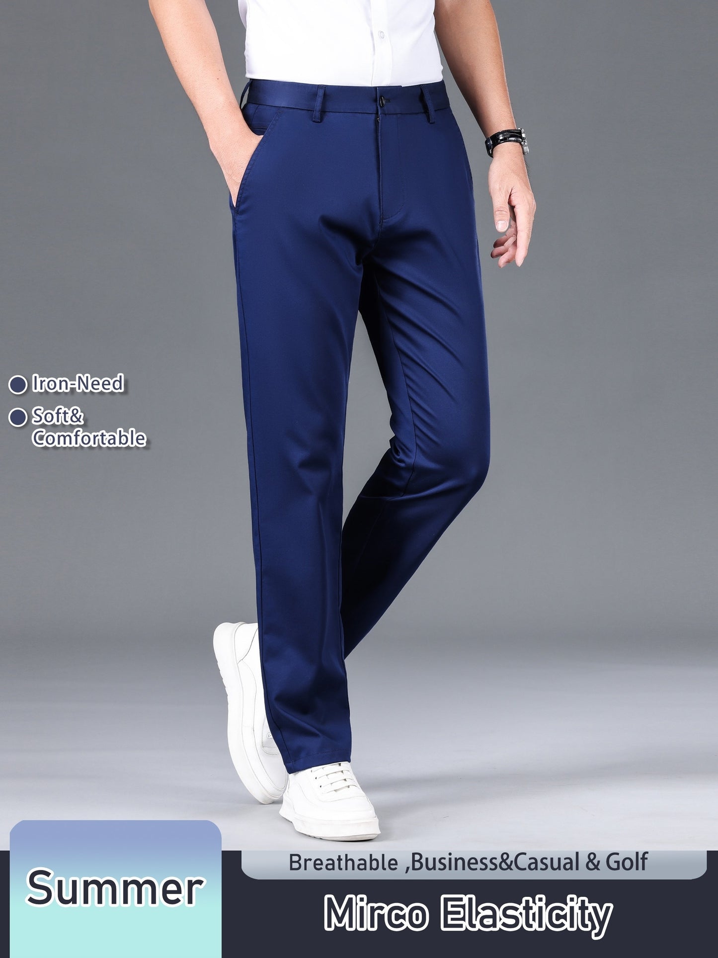 Men's Solid Color Straight Leg Business Style Cotton Blend Pants, Casual Comfy Breathable Outdoor Trousers As Gift