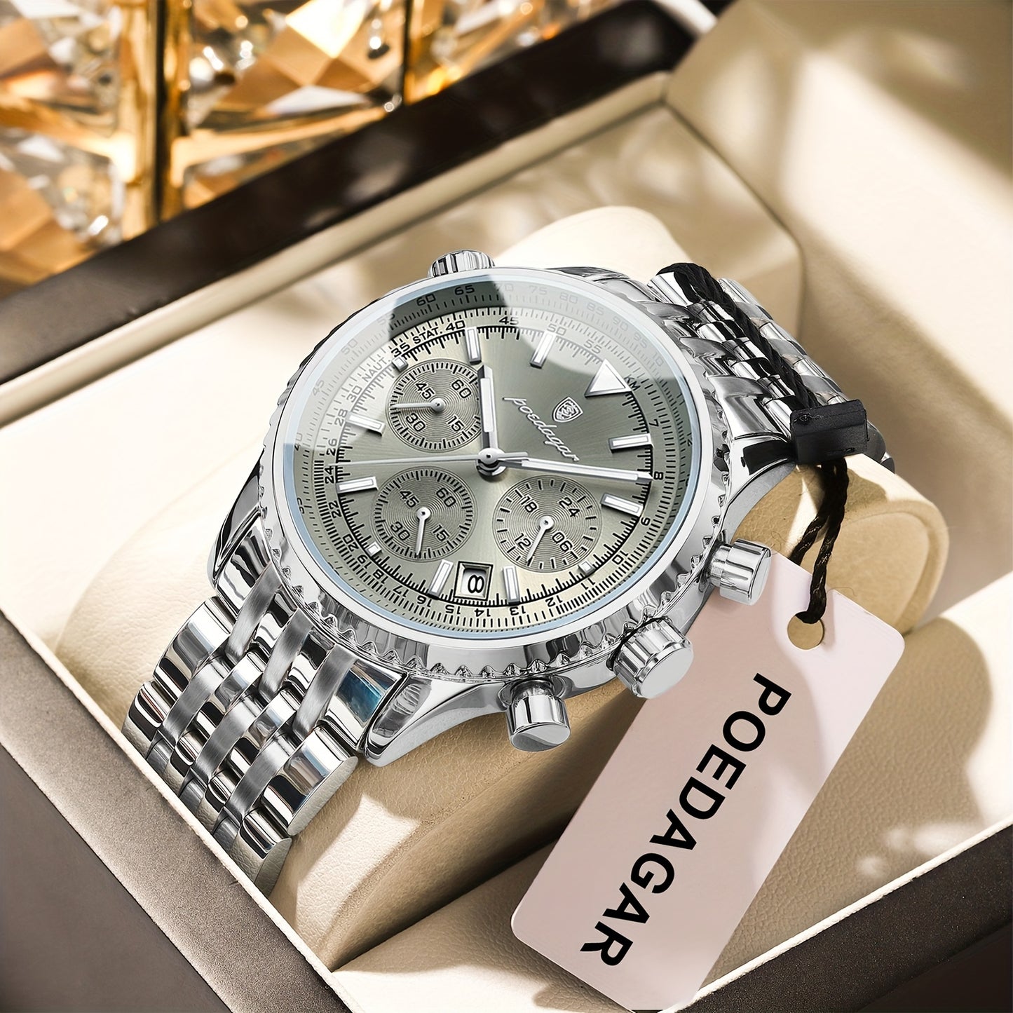 POEDAGAR Men's Luxury Stainless Steel Watch, Chronograph, Calendar, Date Display, Green Dial with Black Bezel & Roman Numerals, Quartz Movement, Casual to Business Style, Suitable for Women