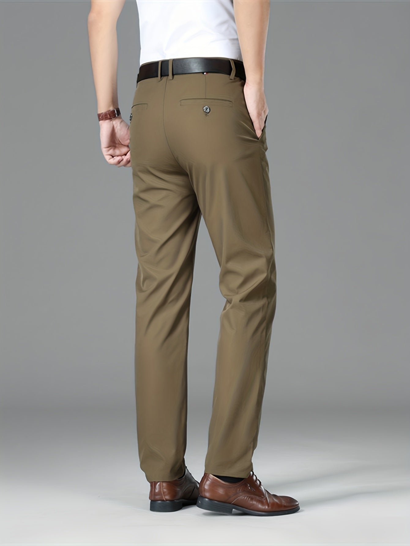 Men's Lightweight Summer Casual Pants, Slim Straight Fit, Polyester, Mid-Rise, Built-in Zipper, Regular Length - Ideal for Casual Attire