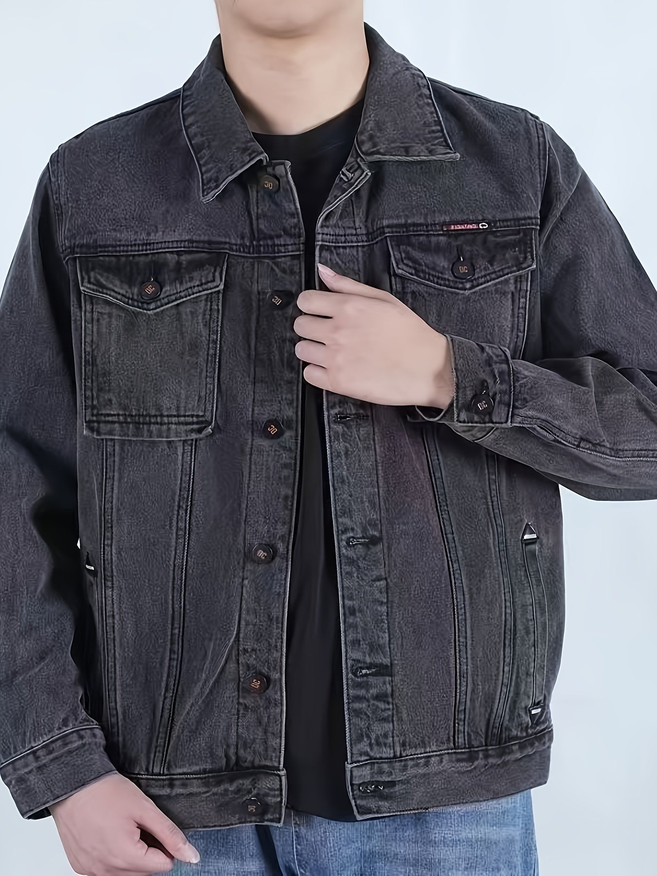 Men's Spring/Autumn Denim Jacket - Casual Chic Style, Black Blend with Red Accents, Button-Up with Flap Pockets, Long Sleeves, Ideal for Hiking & Casual Attire, Outdoor Apparel|Classic Denim Style|Durable Fabric