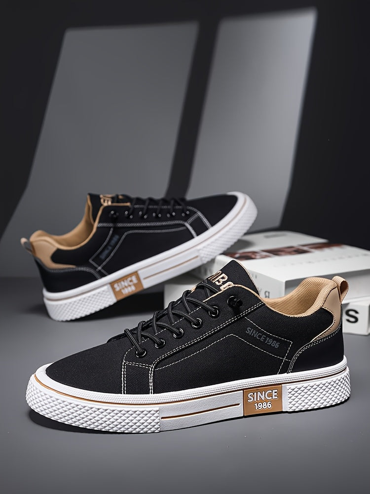 Men's Casual Low-Top Sneakers - Breathable Fabric Durable PVC Sole, Black Beige Contrast Design, Lace-Up Round Toe for All-Season Comfort, Versatile for Casual Semi-Formal Wear, Comfortable Footwear, Fabric Upper