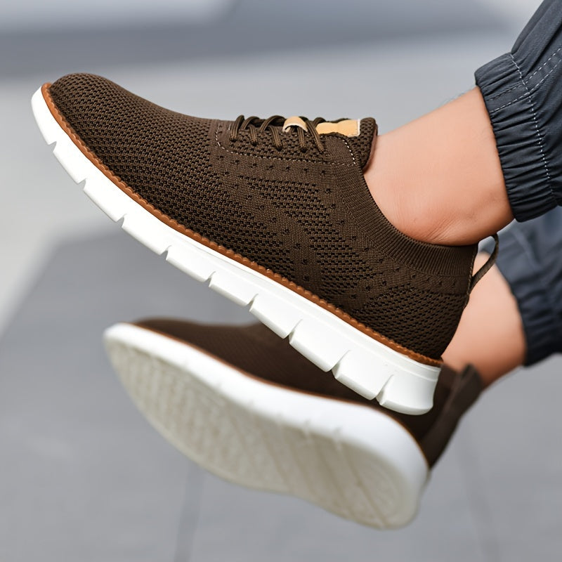 Men's Breathable Knit Business Casual Shoes - Beige with Brown Accents, Lace-Up, EVA Sole, Round Toe, Versatile for All Seasons, Dressy Shoes
