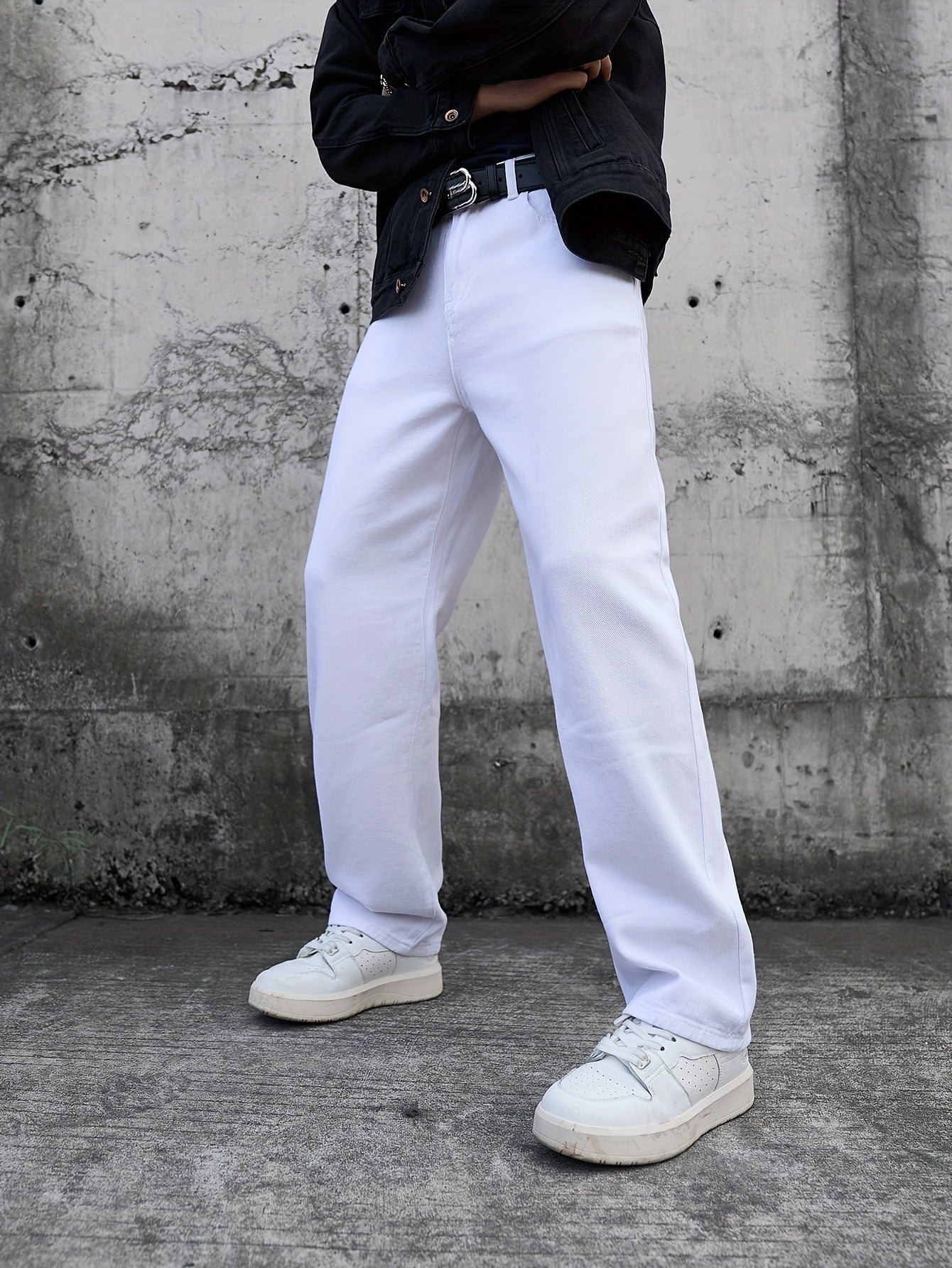Men's Casual White Jeans - Loose Fit, Cotton, Machine Washable, Solid Color with Pockets, All-Season Wear