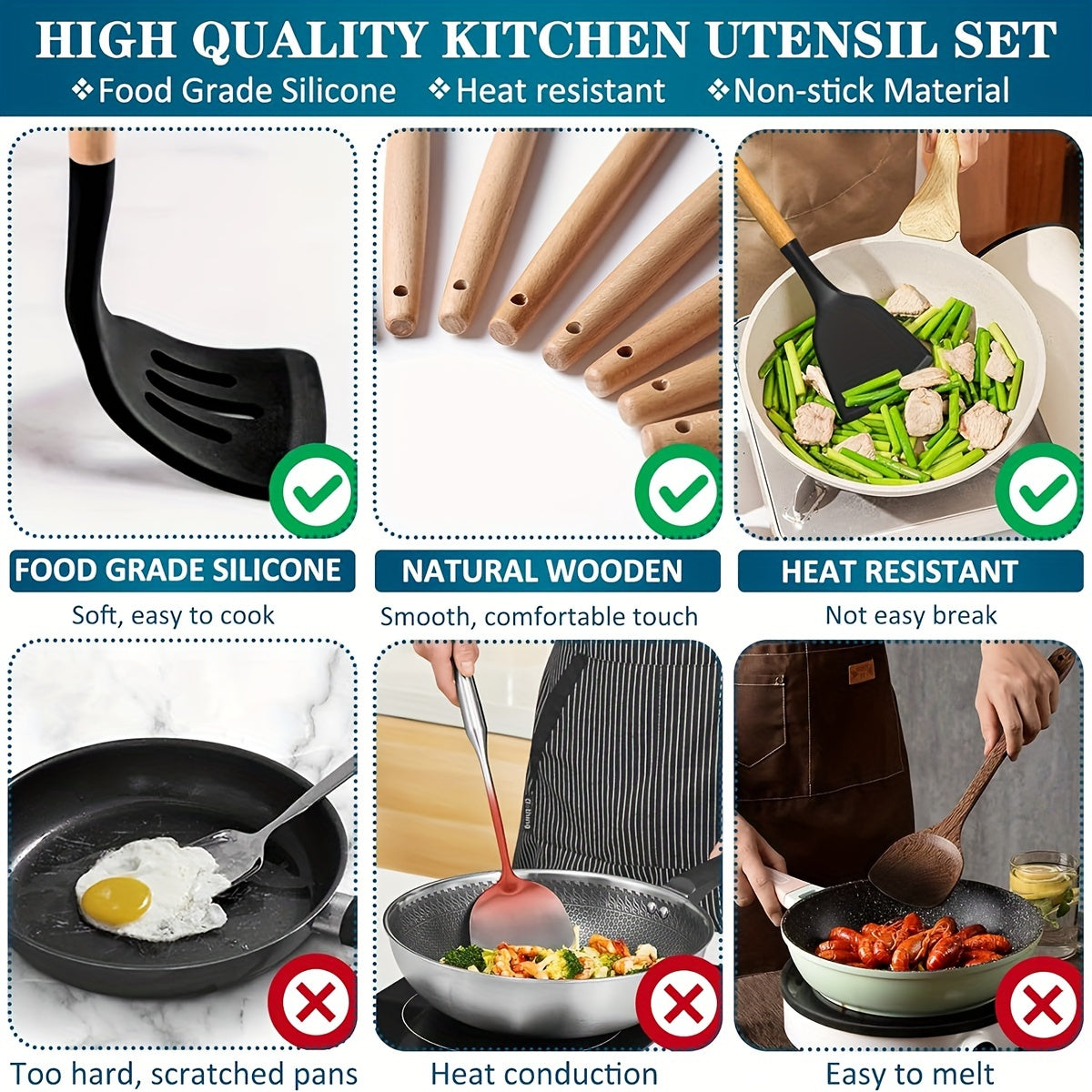 43pcs Non-Stick Cookware Storage Bucket with Wooden Handles, Silicone Kitchen Utensils, Easy-To-Clean Kitchen Tools, Spatula And Spoon Set.
