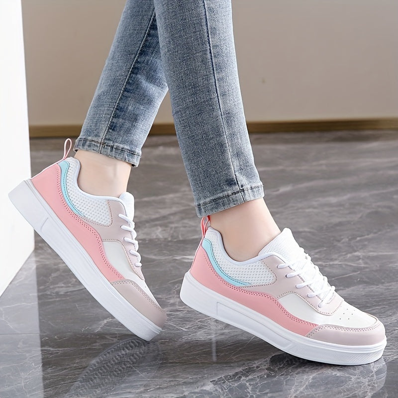 Stylish Women's Low-Top Sneakers - Lightweight Casual Shoes with Pastel Pink & Light Blue Accents, Synthetic Cover Upper, Breathable Mesh Lining, EVA Sole for Comfort, Perfect for Casual Attire & Travel
