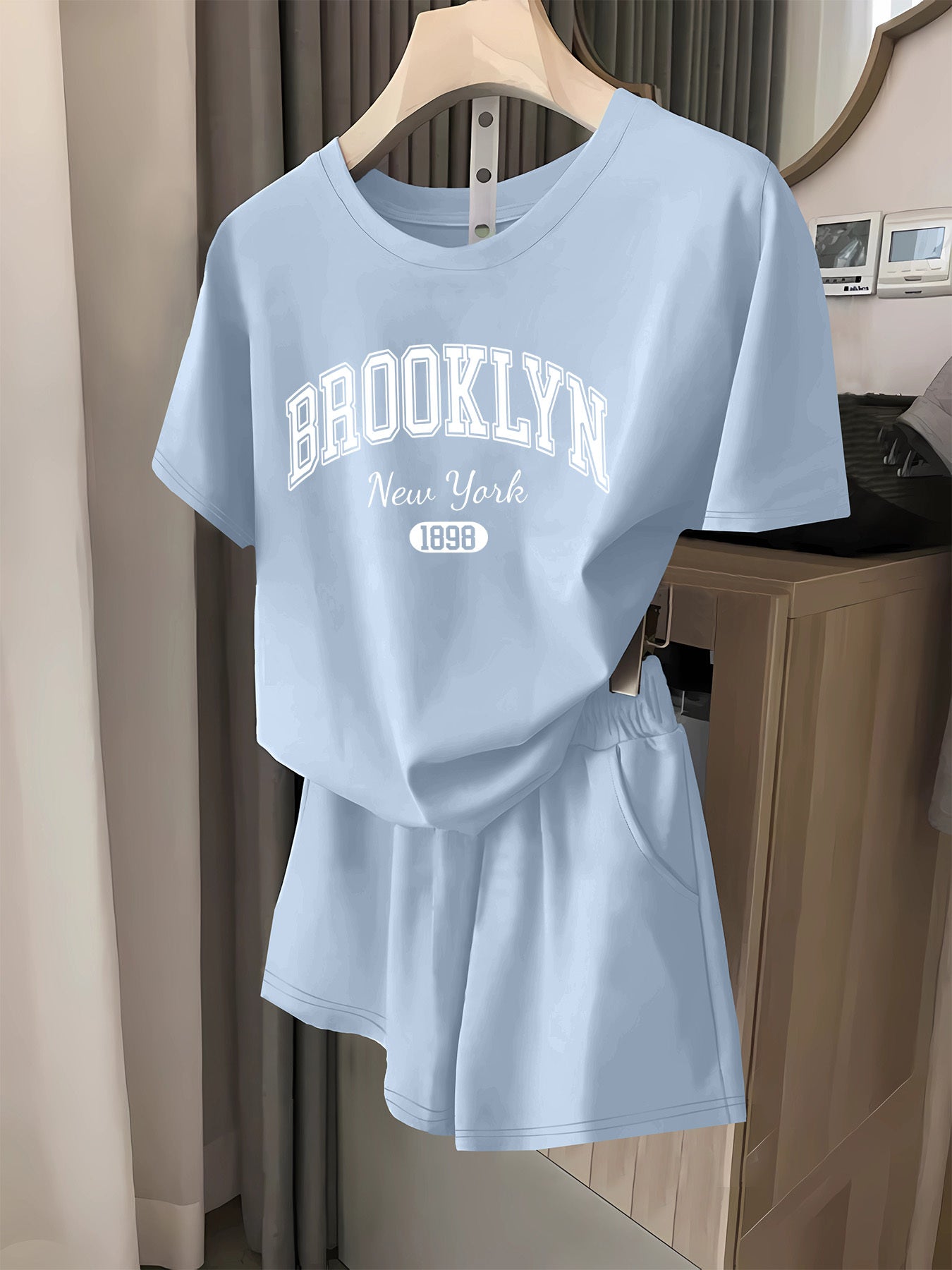 BROOKLYN letter print երկհատ հավաքածու, կարճաթև շապիկ և շորտեր, կանացի հագուստ