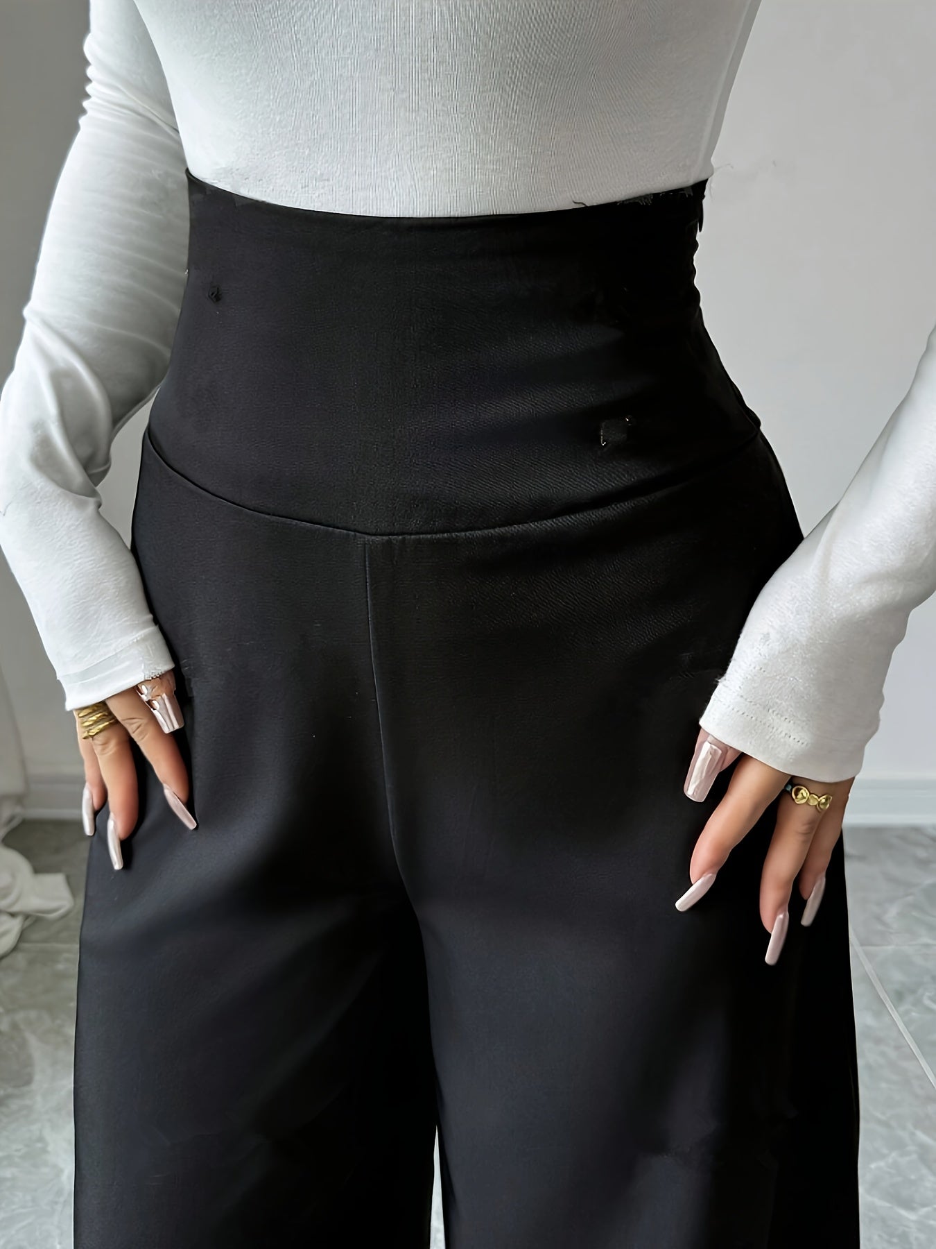 1pc Elegant High-Waisted Black Wide Leg Pants for Women, Solid Color Polyester, Regular Fit with Zipper Fly, All-Season Long Length Trousers with Zipper Detail