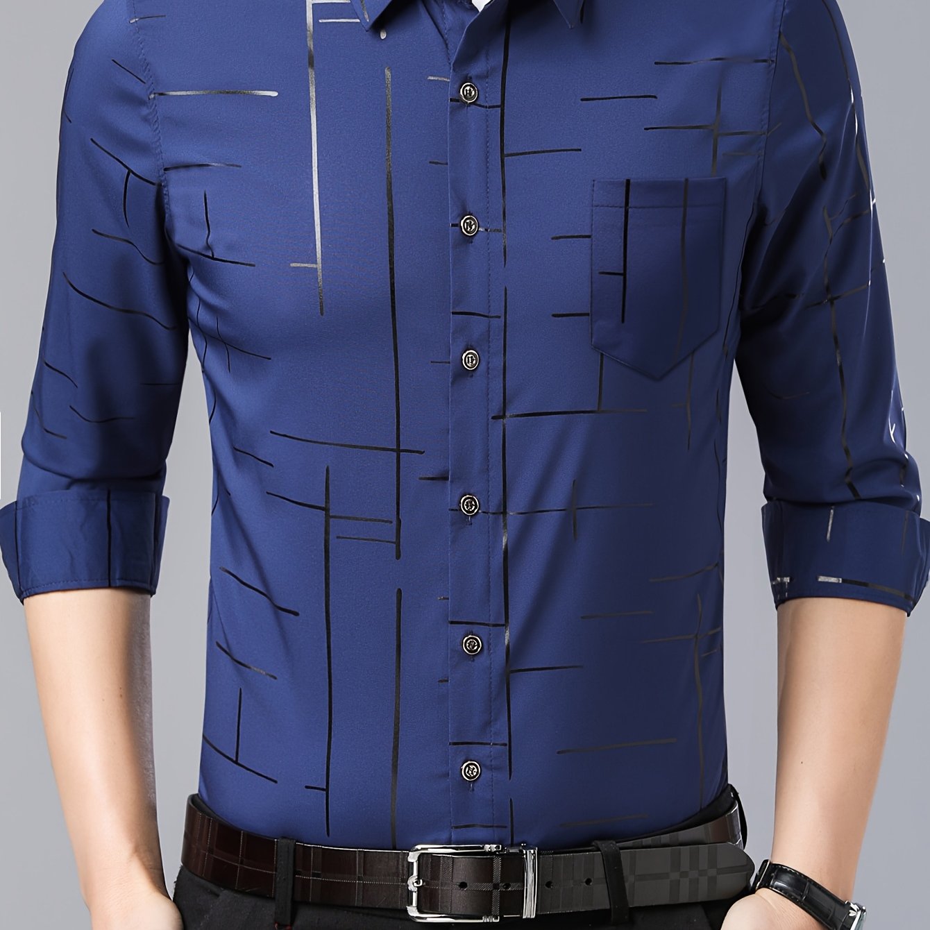 Elegant Men's Maroon Striped Long Sleeve Dress Shirt - Sophisticated Black & Golden Print, Breathable Polyester, Casual Comfort Fit with Classic Collar and Button-Up Front for Casual Attire