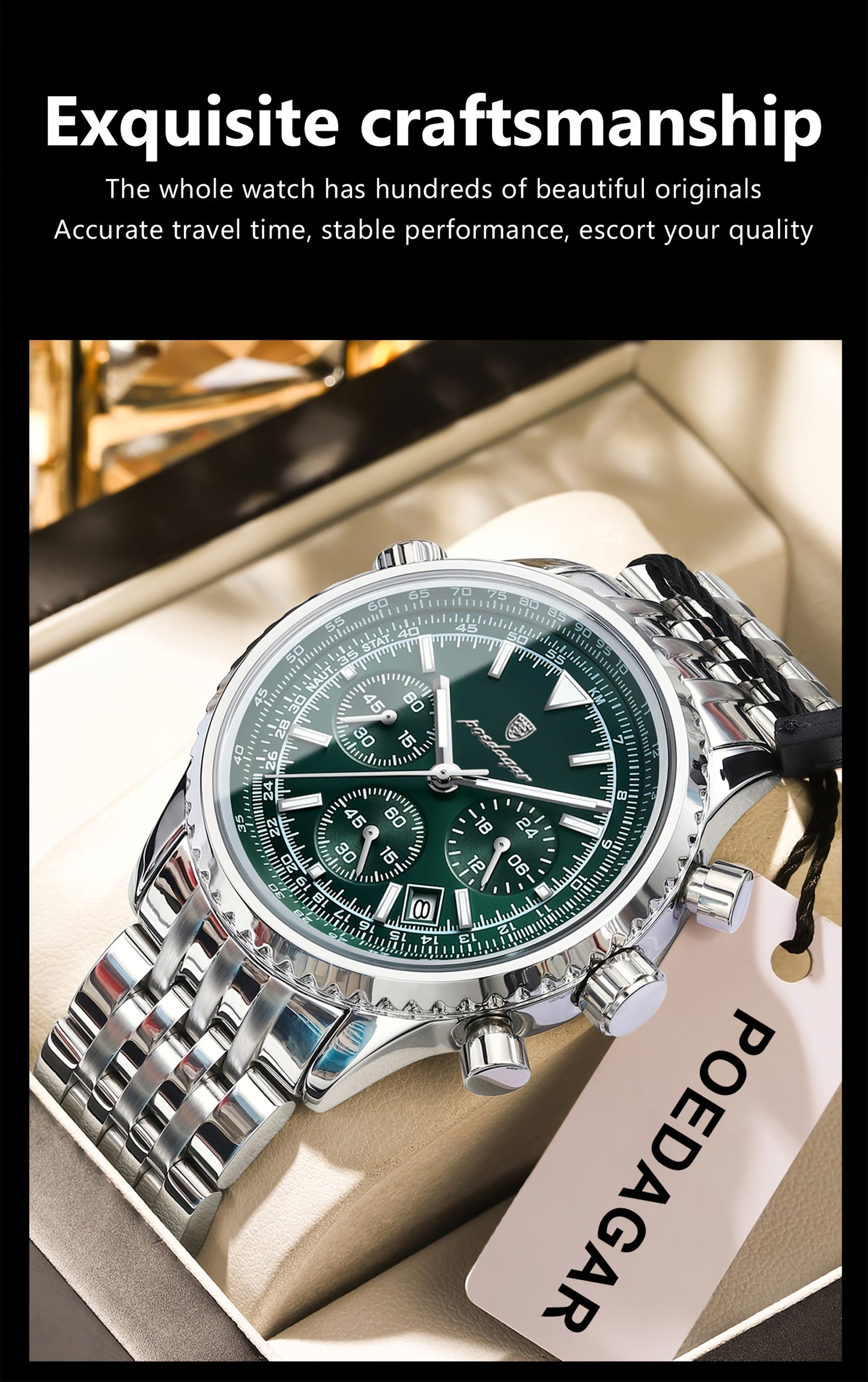 POEDAGAR Men's Luxury Stainless Steel Watch, Chronograph, Calendar, Date Display, Green Dial with Black Bezel & Roman Numerals, Quartz Movement, Casual to Business Style, Suitable for Women