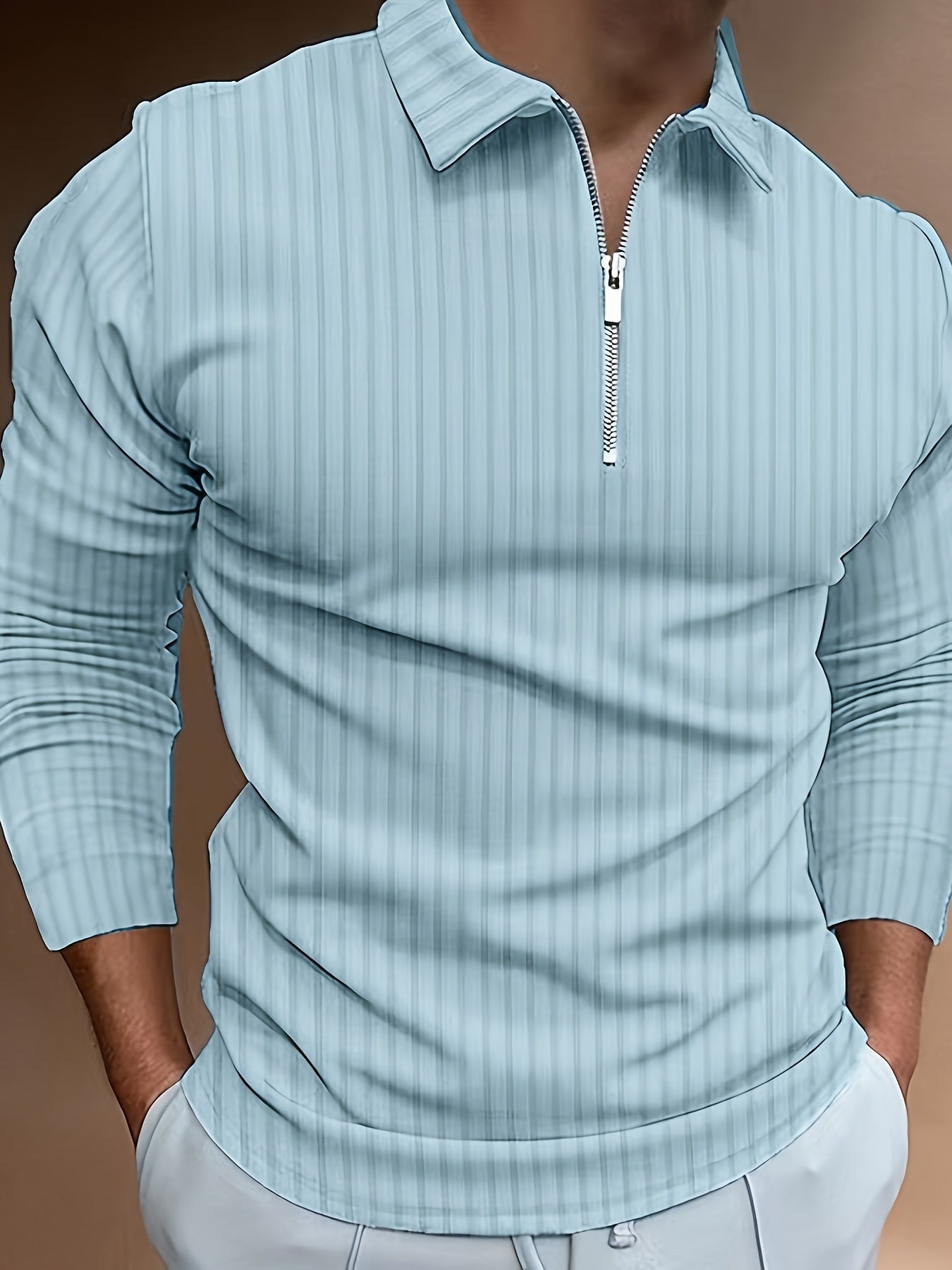 Men's Casual Sports Ribbed Long Sleeve Zipper Lapel Golf Shirt, Spring And Fall