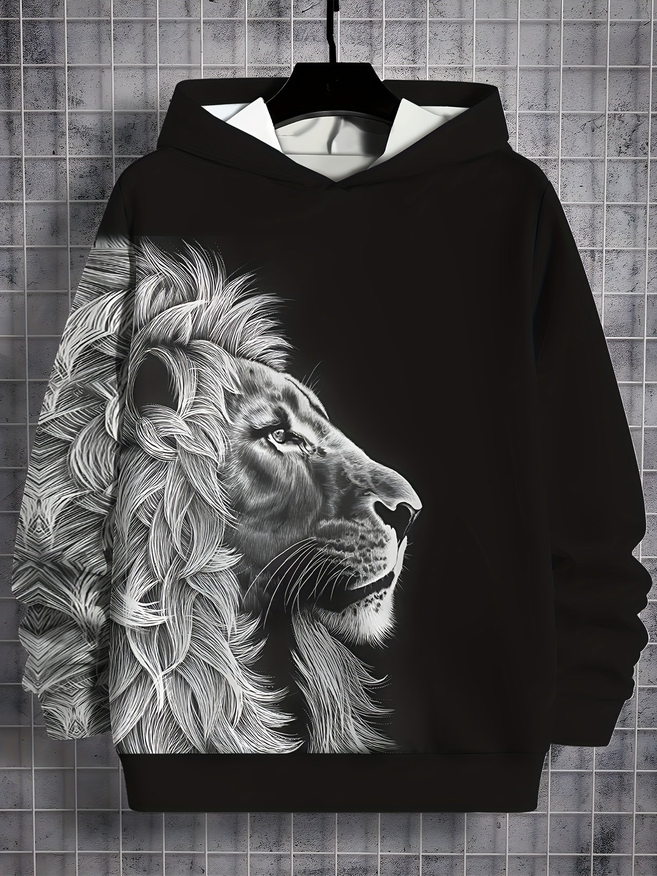 Տղաների 3D Lion Print Hoodie - Հարմարավետ պոլիեսթեր խառնուրդ, սովորական երկարաթև պուլովեր գլխարկով, լվացվող մեքենայով, կատարյալ գարնան և աշնան համար, հիմնական գլխարկով: