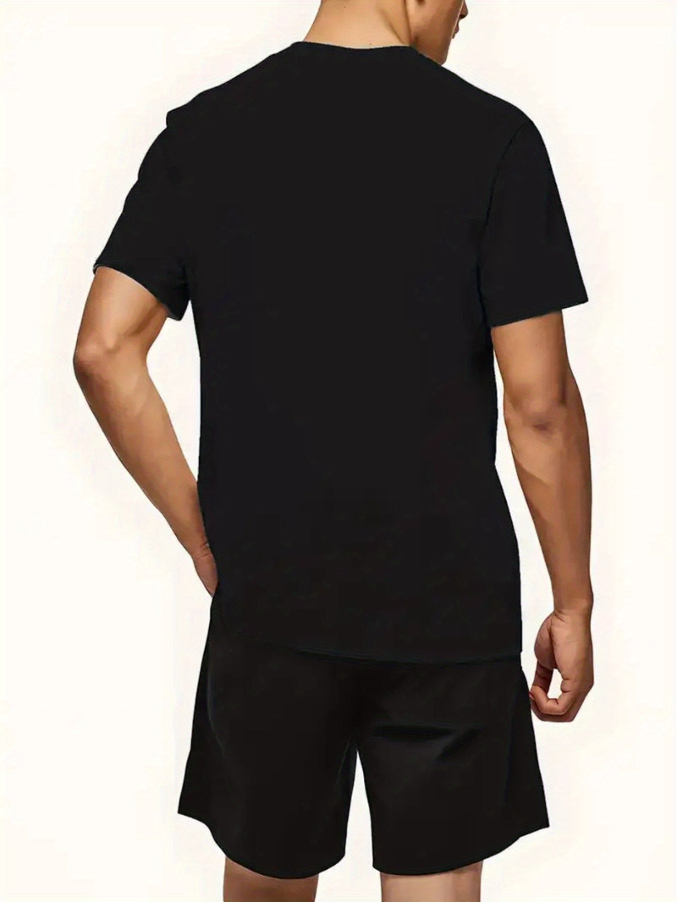 Men'S Summer Casual Sport Two-Piece Set - LADA Letter Pattern Print T-Shirt and Black Drawstring Shorts, Casual Sportswear, Regular Fit - Perfect for Summer Outdoor