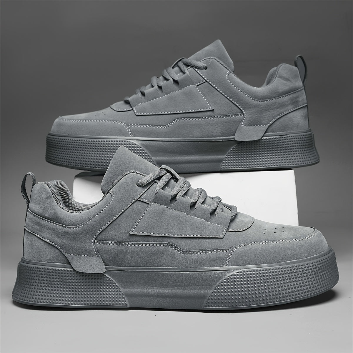 1pair Men'S Classic Solid Grey Skateboard Sneakers, Casual Street Style Lace-Up Running Shoes, Lightweight Stability Low Top with Faux Upper, Fabric Inner & EVA Sole for All-Season Outdoor Activities