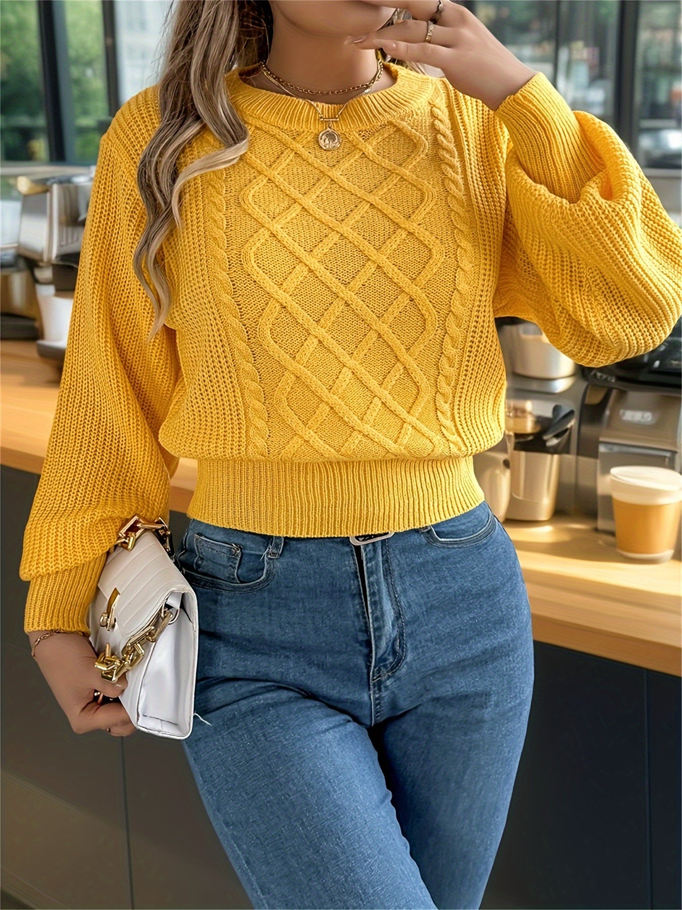 Elegant Cable Knit Sweater for Women - Casual Long Sleeve, Round Neck Pullover in Solid Color, Perfect for Fall/Winter