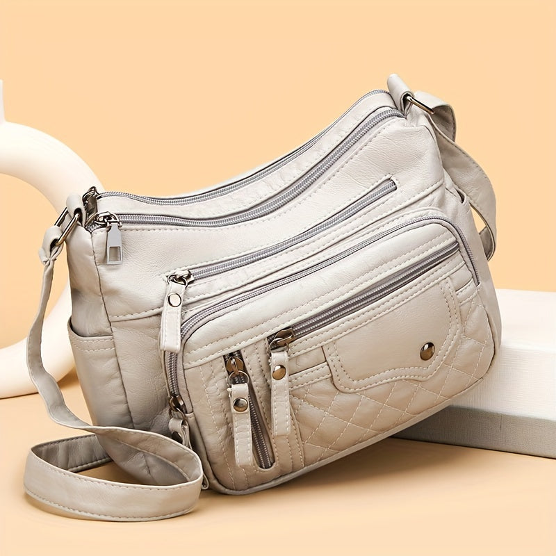 Large Capacity Nylon Shoulder Bag with Adjustable Strap, Anti-Theft Zip Closure - Available in Light Brown, Light Gray, Red, Black