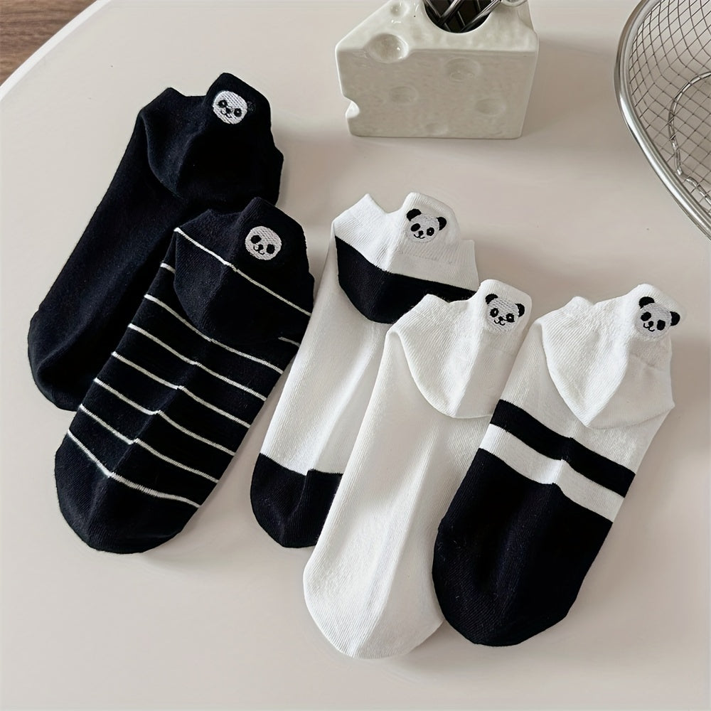 Women's Cotton Ankle-Length Socks 5-Pair Set with Panda Embroidery, Breathable Moisture-Wicking Knit, Anti-Odor, Seamless Toe, Stretch Spandex Blend - Size 200 Needle Count