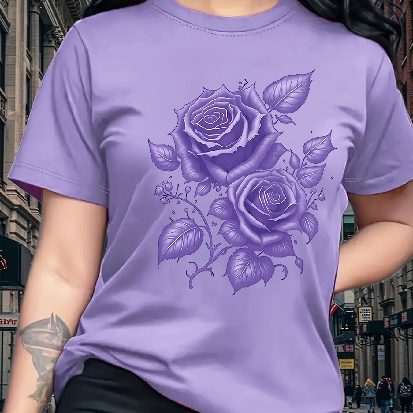 Women's Light Blue Yellow Rose Print T-Shirt - Short Sleeve Crew Neck Casual Top with Medium Stretch, Machine Washable & Breathable Fabric for All-Season Comfort, Relaxed Style, Graphic Tee, Stretchy Material, Printed Shirt,