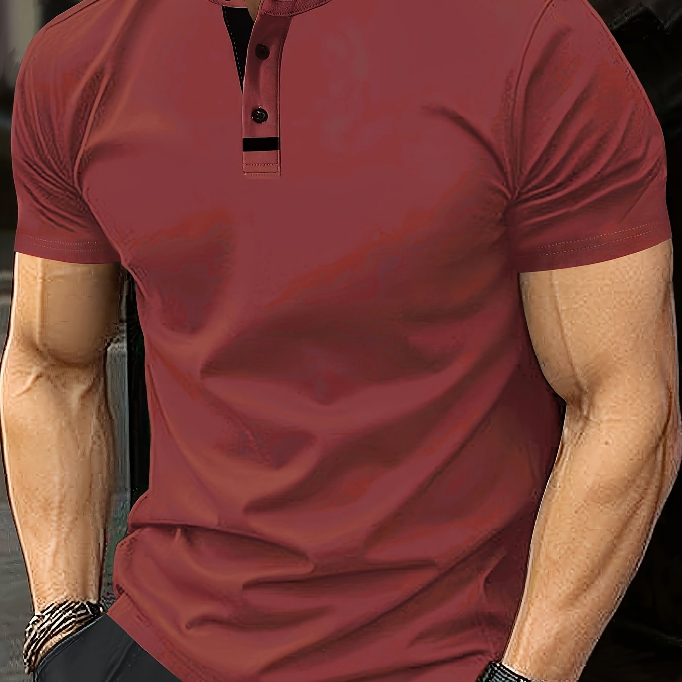 Men's Casual Red Shirt - Short Sleeve, Round Neck with Button Detail, Lightweight Polyester Blend, Ideal for Golf & Casual Attire, Machine Washable