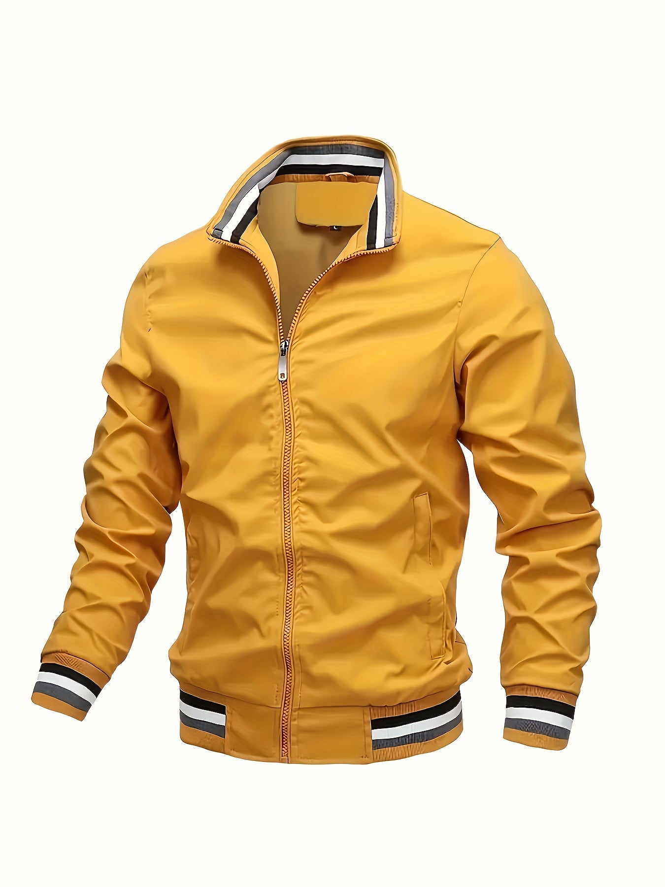 Lightweight And Trendy Men's Long Sleeve Zipper Jacket With Stand Collar, Pockets And Stripe Pattern Pieces, Suitable For Spring And Autumn Outdoors Activities