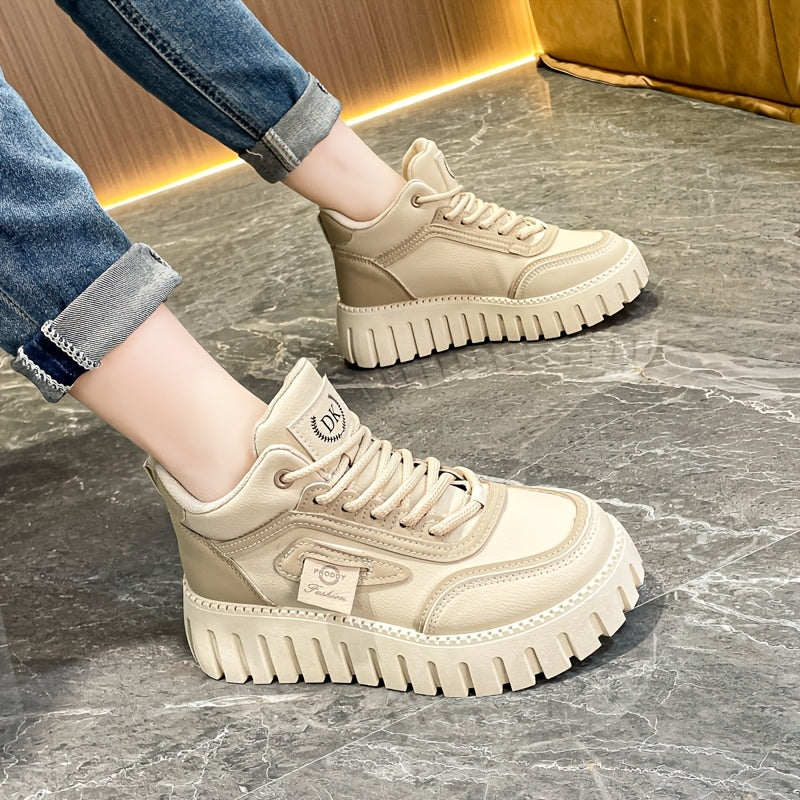 1 Pair Women'S Fashion Mid-Top Casual Sneakers, PU Upper, Fabric Lining, Rubber Sole, and EVA Insole, Lace-Up Design, with All-Season Versatile Athletic Shoes