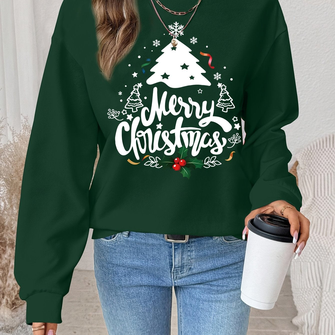 Women's Red Christmas Tree & Lettering Sweater - Cozy Winter Pullover with Round Neck Long Sleeve, Thickened Sweating-Reducing Blouse for Xmas Party Outfits, Family Gatherings (Machine Washable, Autumn/Winter Clothing)