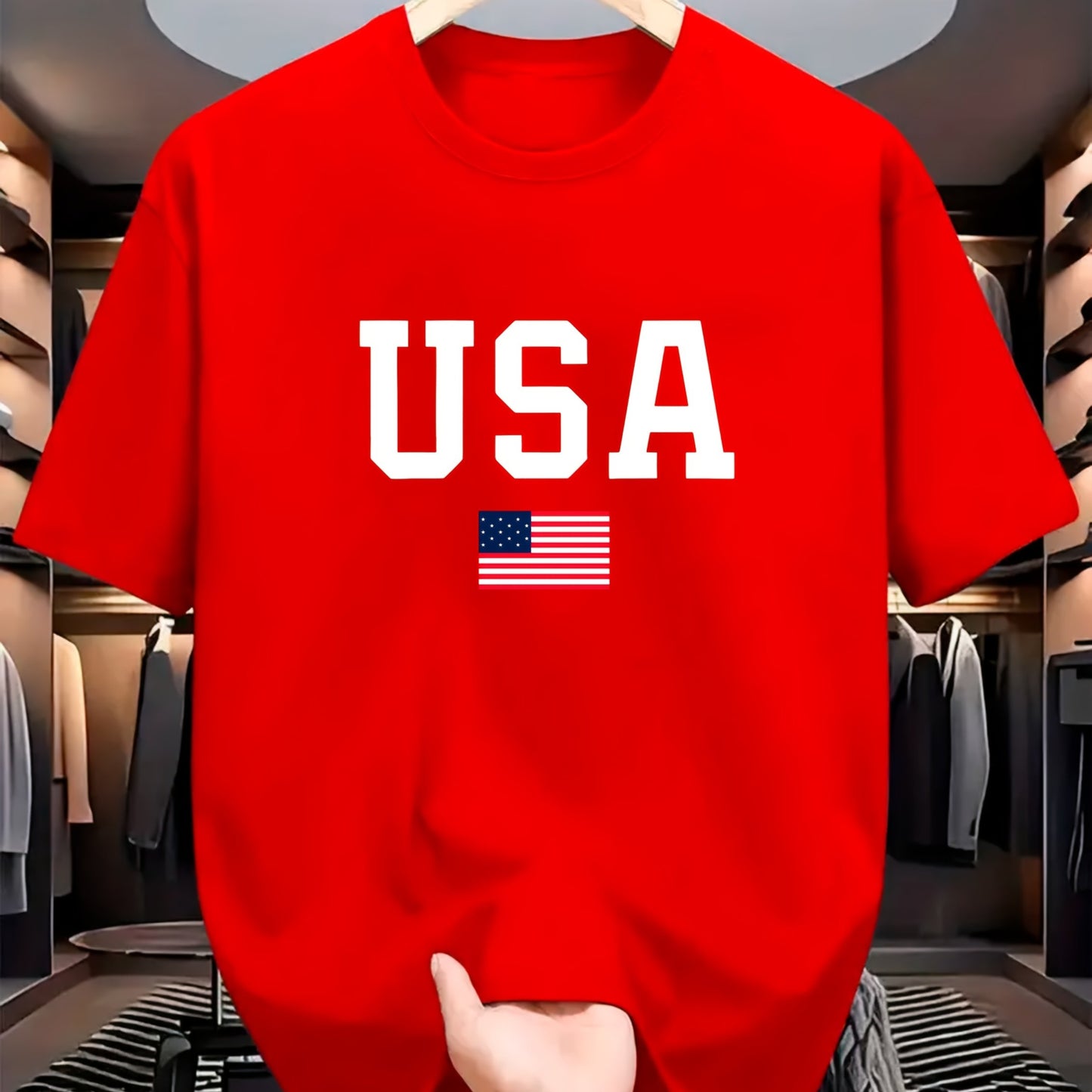 USA Flag Print Crew պարանոցի վերնաշապիկ, սովորական պոլիեսթեր տրիկոտաժե թիկնոց, թեթև ձգվող, այբուբենի ձևանմուշ, տրիկոտաժե դետալ, տղամարդկանց համար, ամառային կարճաթև շապիկ