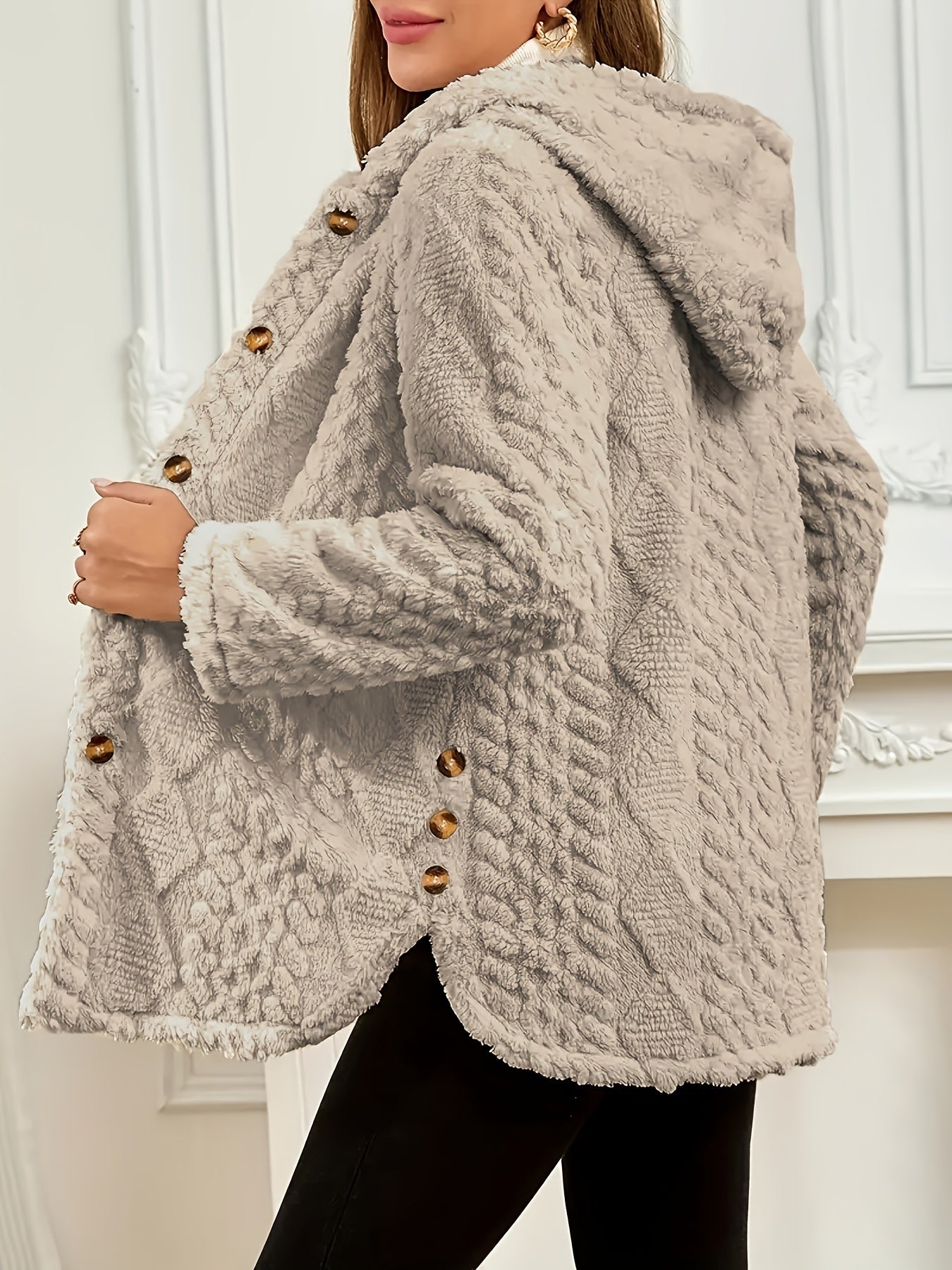 Elegant Pink Faux Fur Coat for Women - Chic Button-Front Hooded Jacket with Sleek Collar, Long Sleeves, and Ribbed Detailing - Perfect for Fall & Winter, Hand or Dry Clean Only
