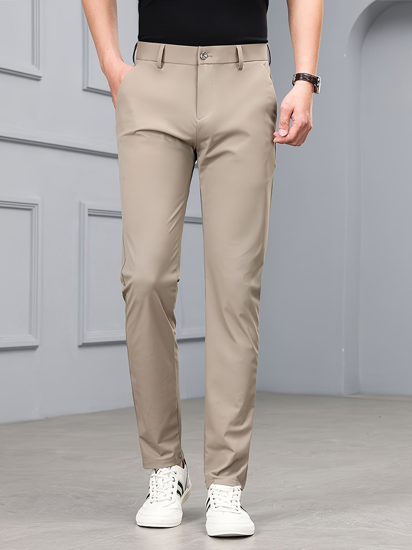 Men's Slim-Fit Stretch Casual Pants with Multiple Pockets - Waterproof, UV Protection, Light Gray, Straight Leg, Nylon Blend for Spring/Fall, Button Closure, Comfortable & Stylish Design, Everyday Comfort Pants | Modern Casua