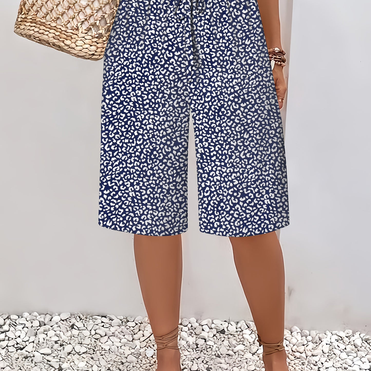 Plus Size Women's Lightweight Beach Shorts - Casual Blue and White Floral Print, Drawstring Waist, Polyester, Machine Washable, Knee-Length with Pockets