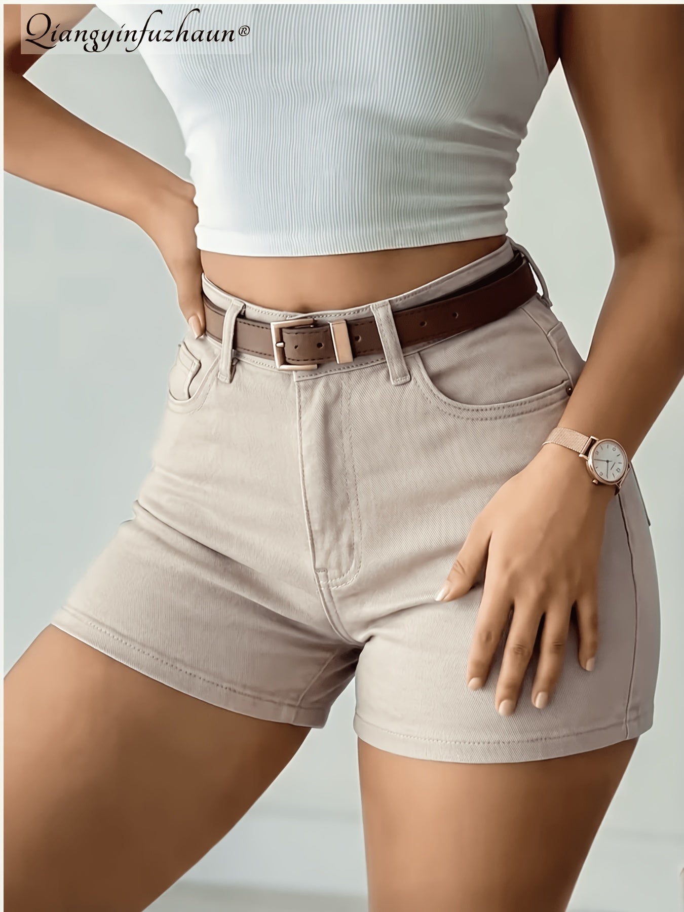 Women's Mid-Waist Stretch Khaki Denim Shorts for Summer