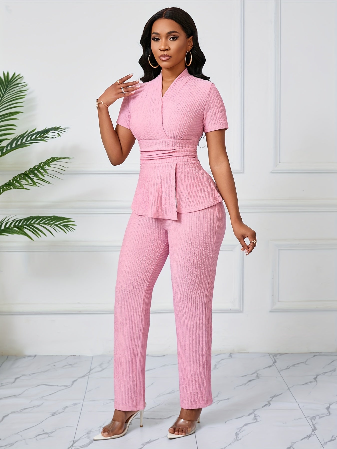 Ready-To-Wear Women'S Elegant Casual Solid Color Textured Pants Set