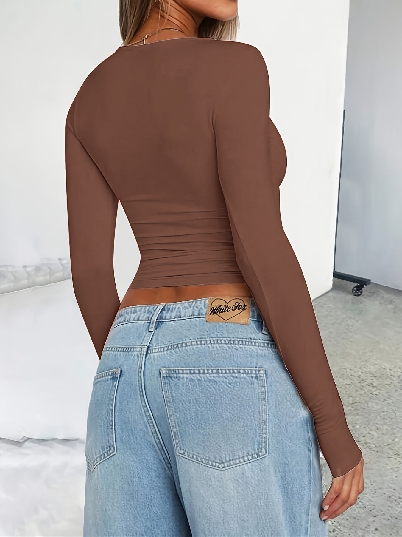 Women's Y2K Style Solid Color Crew Neck Long Sleeve T-Shirt, Polyester Knit Fabric, Skinny Fit, Short Length Pullover for Spring/Fall, Ladies T Shirts