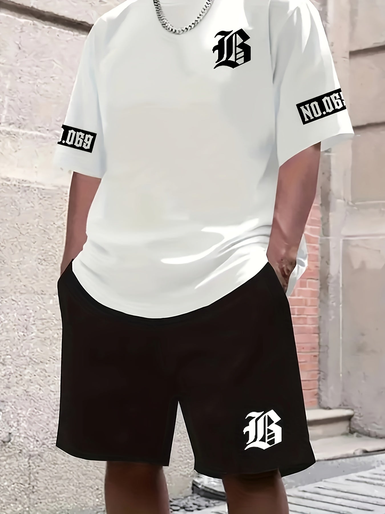 Men's Casual T-Shirt and Shorts Set with Bold "B" Print - Polyester Knit Fabric, Machine Washable, Summer Streetwear, Perfect for Outdoor Activities and Comfortable Leisure Wear