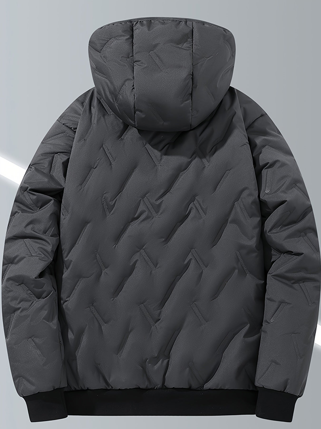 Men's Casual Winter Jacket - Thick Fleece-Lined, Windproof Hooded Coat with Embossed Design, Zip-Up, Solid Color