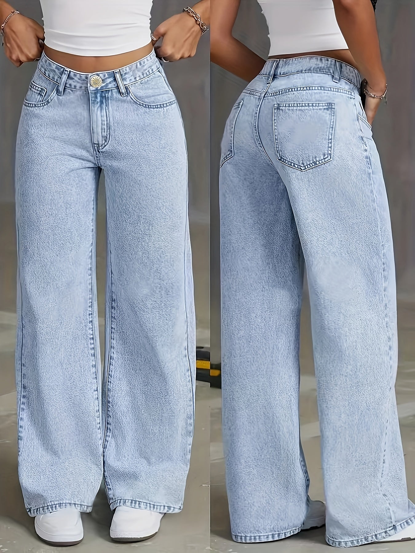 1pc Women'S Plus Size High-Waisted Denim Jeans, Casual Straight-Leg Washed Denim Pants with Built-in Zipper, H-Line Loose Fit Long Trousers for All Seasons