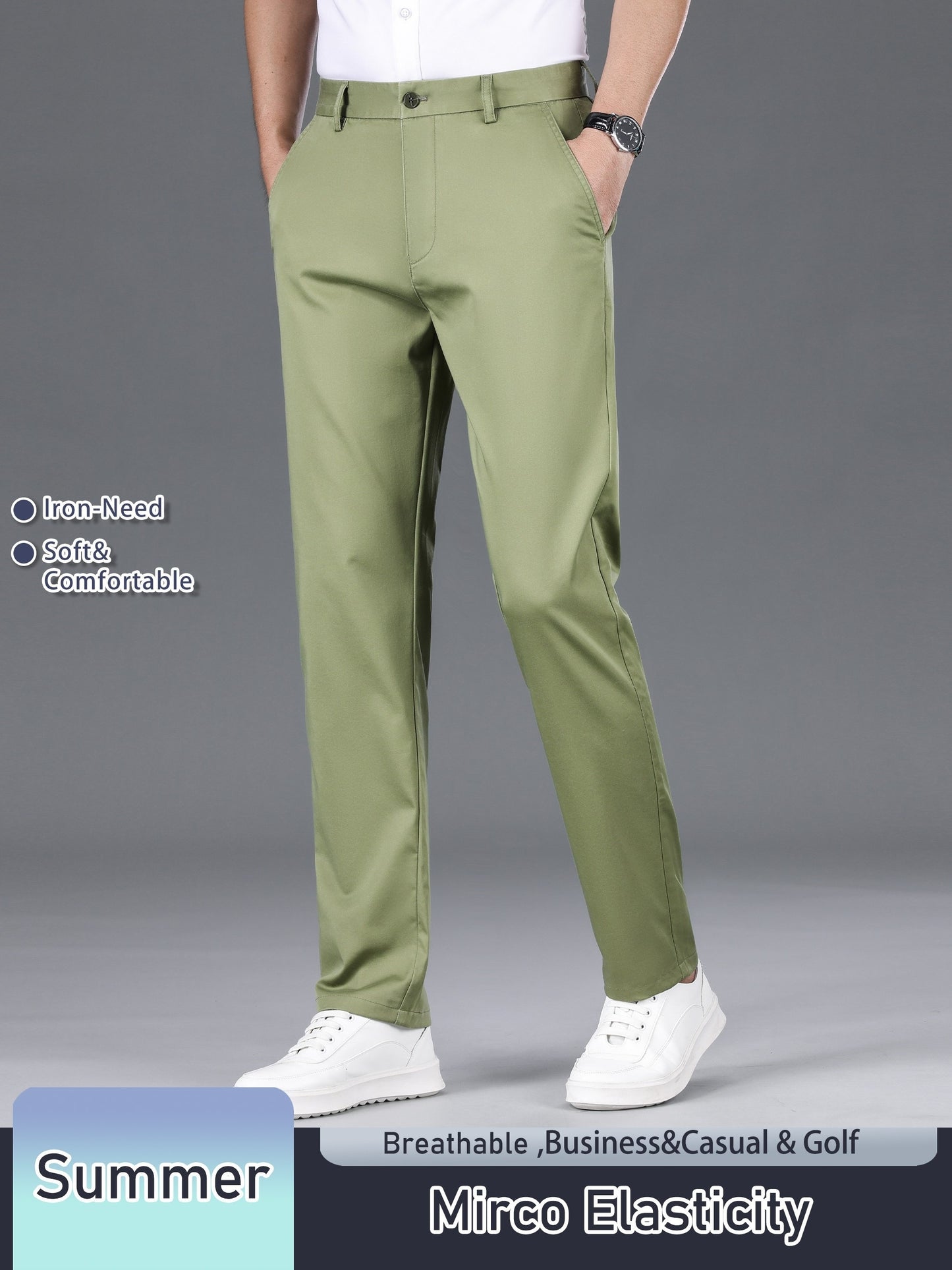 Men's Solid Color Straight Leg Business Style Cotton Blend Pants, Casual Comfy Breathable Outdoor Trousers As Gift