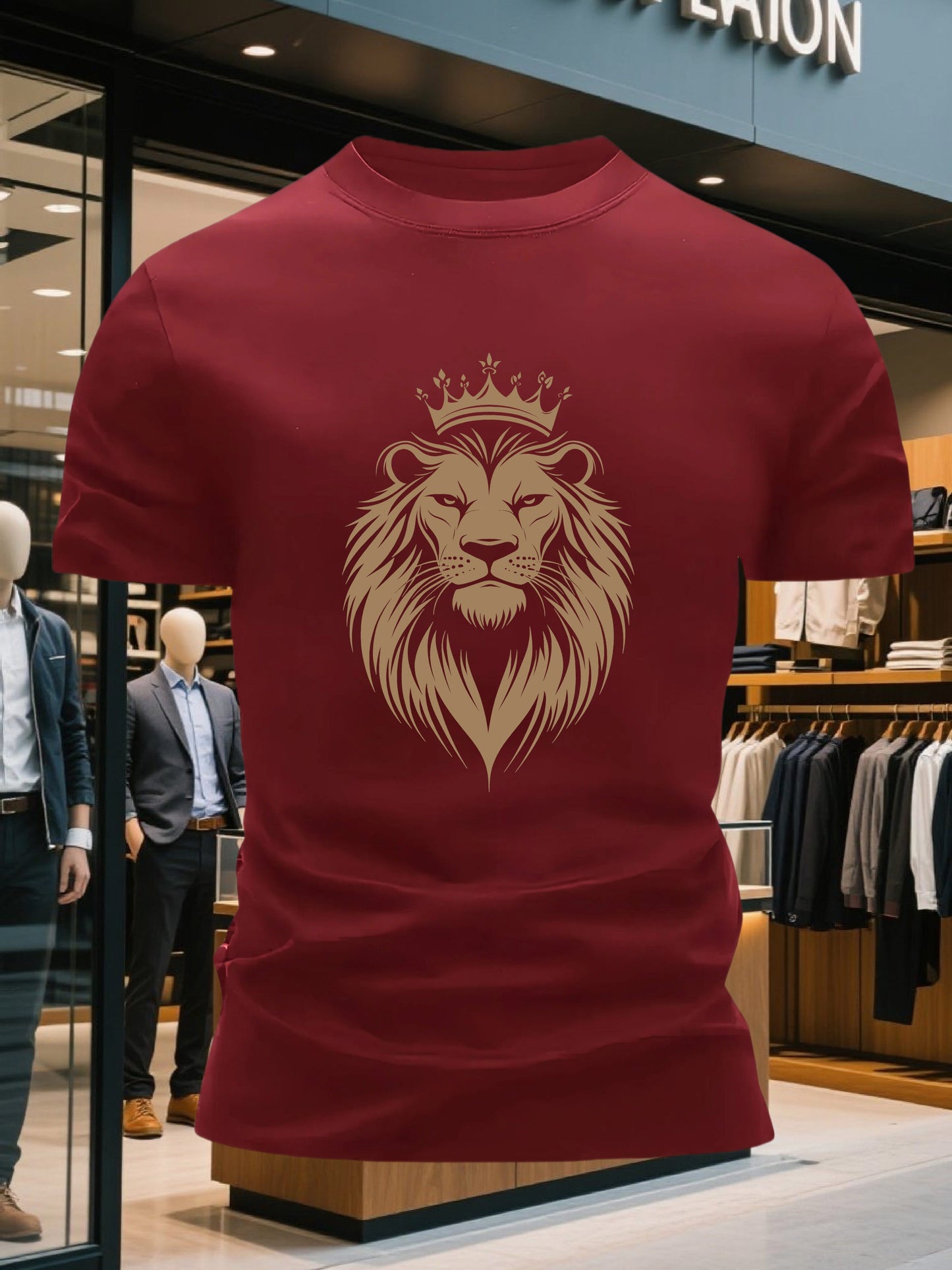 Men's 100% Cotton Crew Neck Short Sleeve T-Shirt with Regal Lion Crown Graphic Print - Navy Blue Casual Comfort Fit, Machine Washable All-Season Versatile Top, Cotton T Shirts, Leisure Clothing, Creative Print Shirt, Soft Tex