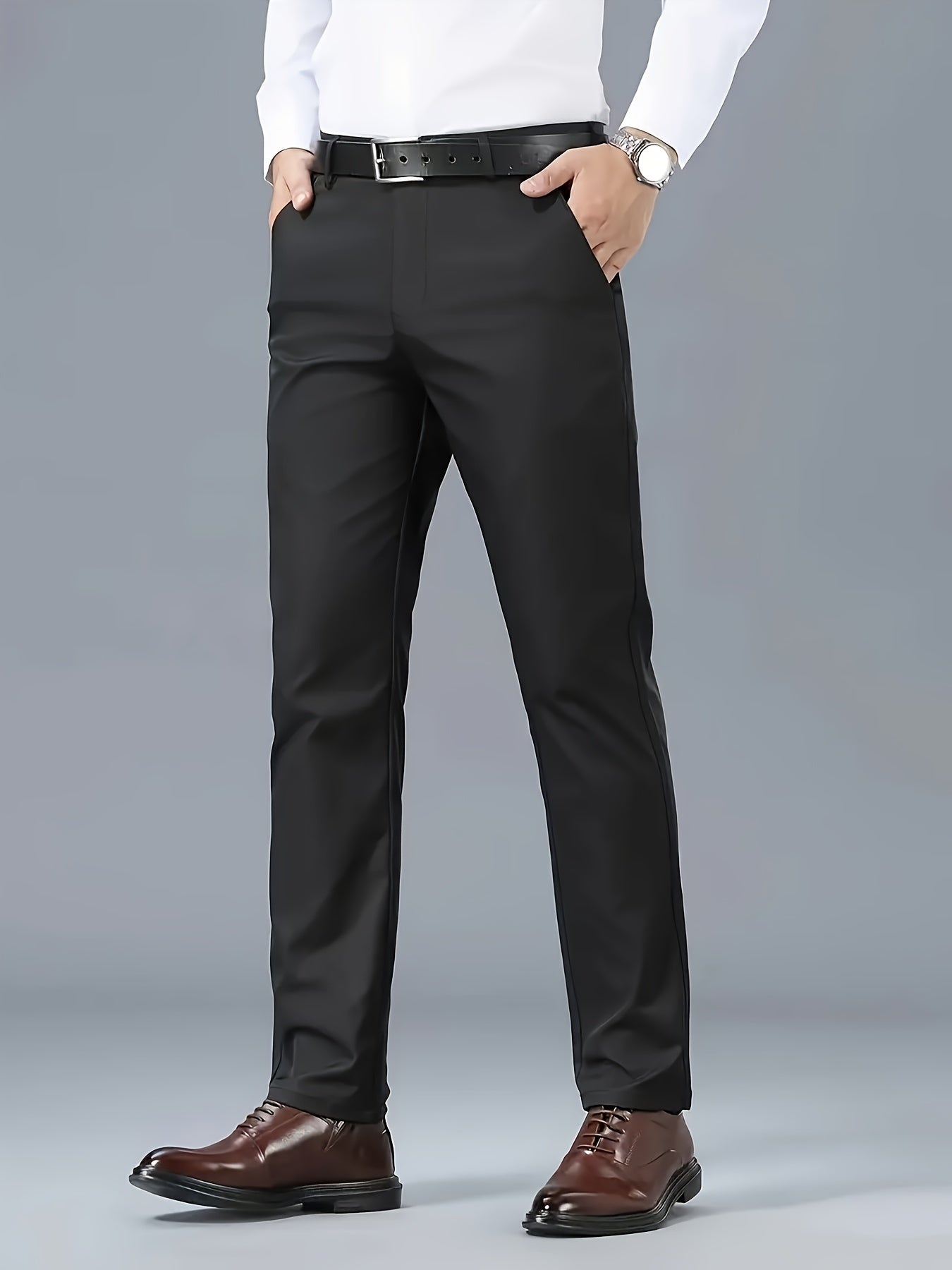 Men's Solid Color Business Casual Pants, Lightweight Business Style Versatile Trousers for Office