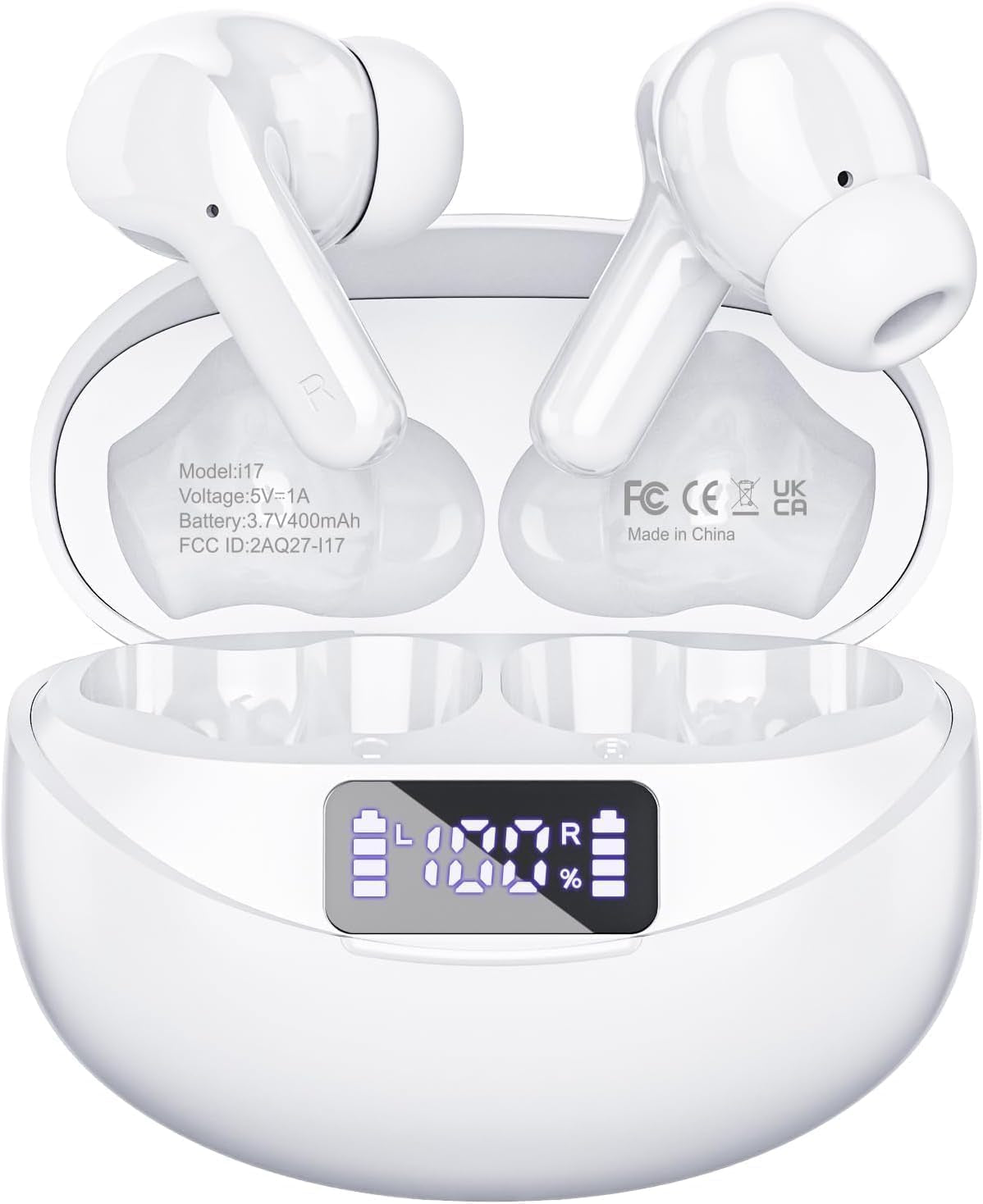 Wireless Earbuds Bluetooth Headphones 50H Playback Ear Buds with IPX7 Waterproof, HD Microphone, LED Display for Iphone and Andriod White