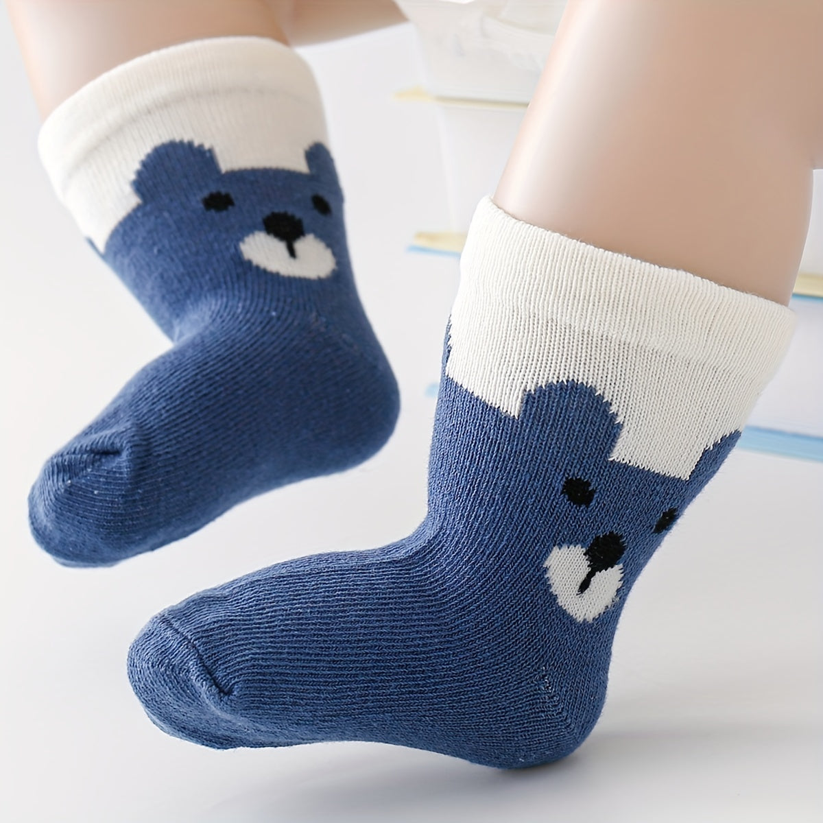 5pairs Cute Bear Footprint Striped Knit Socks, Soft Comfortable Thin Breathable Socks Baby Boys And Girls Accessories