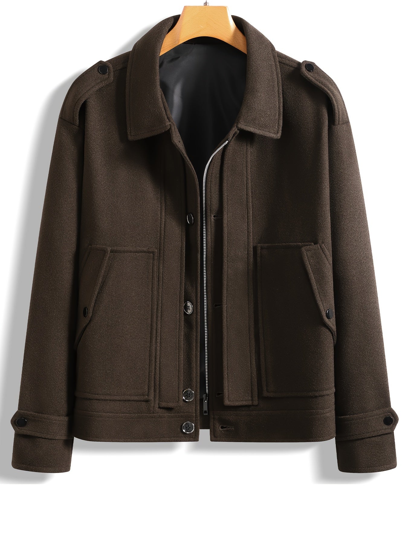 Men's Stylish Autumn/Winter Warm Polyester Casual Jacket with Lapel Collar, Zipper Closure, and Pockets - 100% Polyester Solid Color Loose Fit Coat