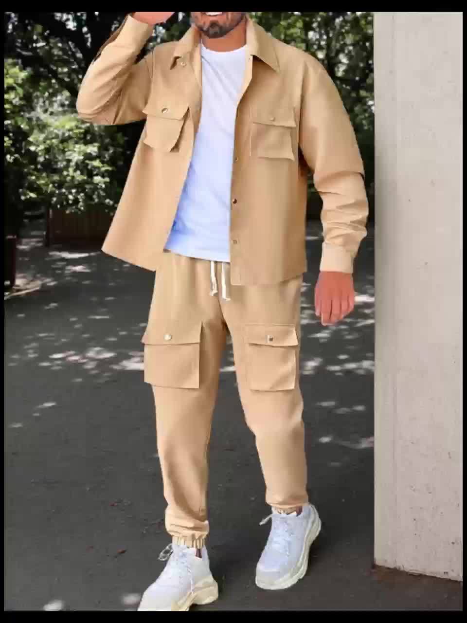 Men'S Casual Polyester Suit Set, Solid Color, Non-Stretch, Regular Fit, with Lapel Collar, Pocket Details, for Hiking, Daily Wear, and Special Occasions, Spring/Fall, Fall/Winter