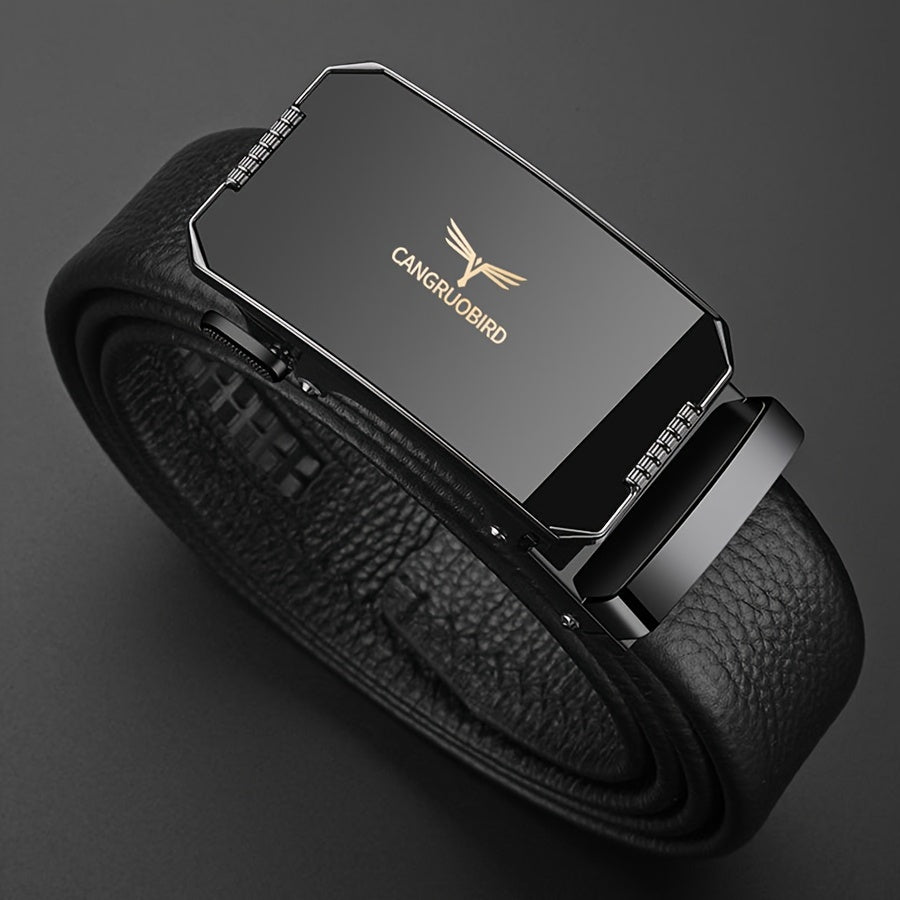 1pc Men'S Adjustable Automatic Buckle Belt - Sleek Black Faux Leather, Alloy Buckle, Stylish for Business & Casual Attire