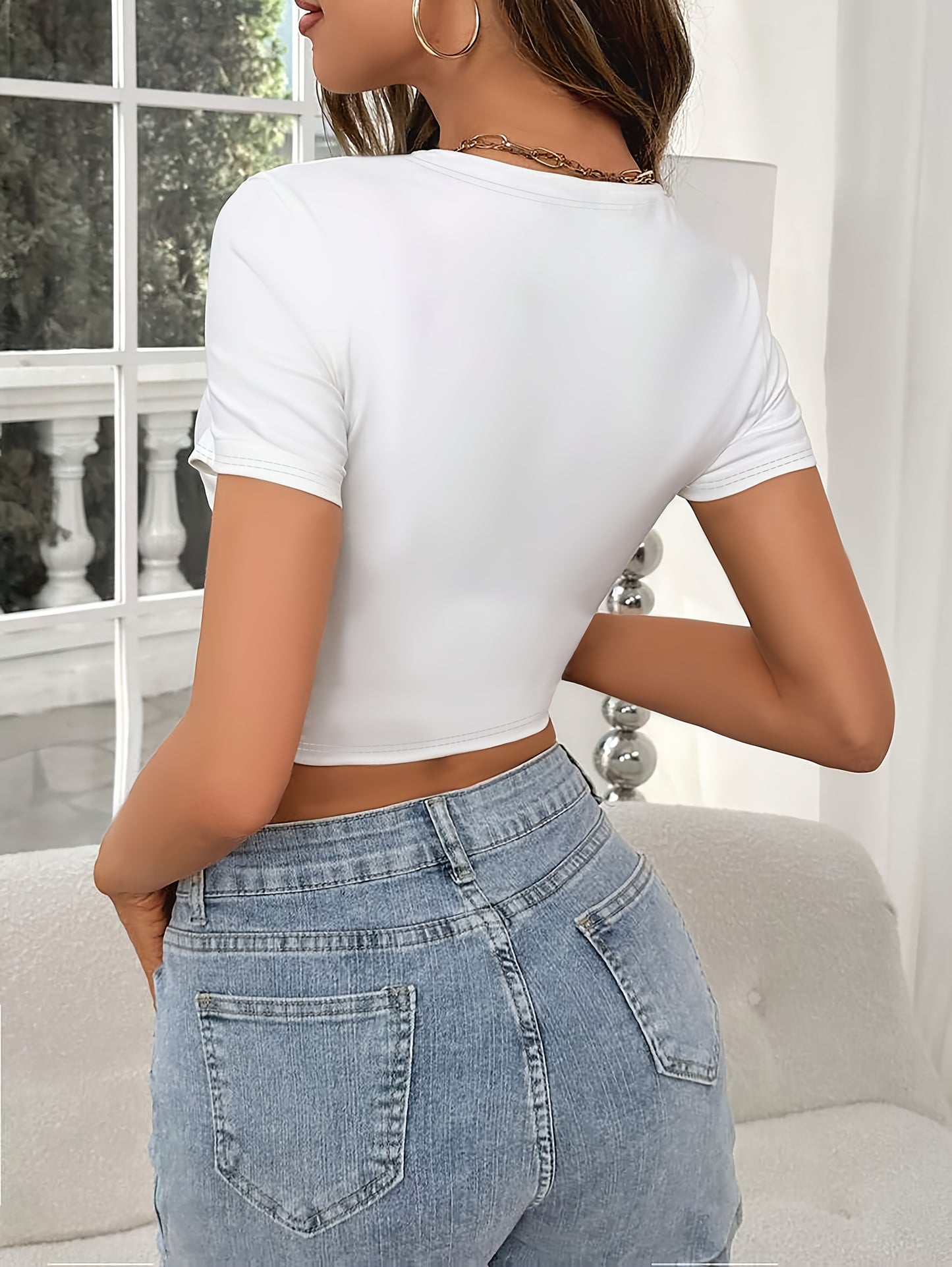 1pc Y2K Fashion Solid Color Crop Top T-Shirt, Women'S Short Sleeve Round Neck Knit Polyester Tee, Versatile All-Season Casual Wear