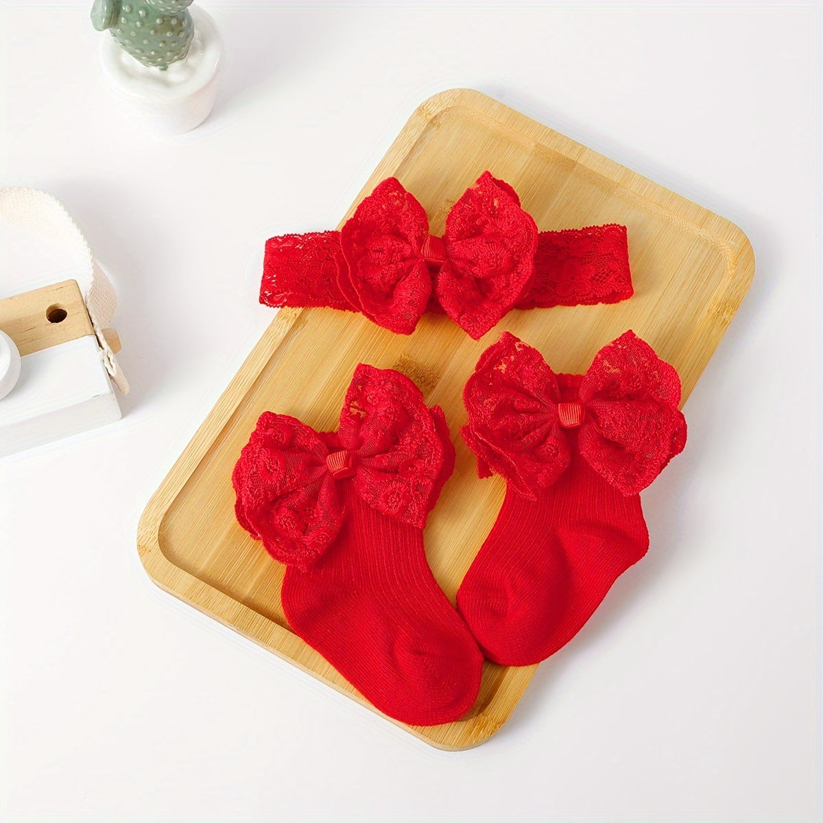 1 Set Baby Lace Bowknot Socks and Hairband, Polyester 95% Spandex 5%, All-Season Knit Fabric, Hand Wash Only, Perfect for Newborn, First Birthday Gift, 27g/m²