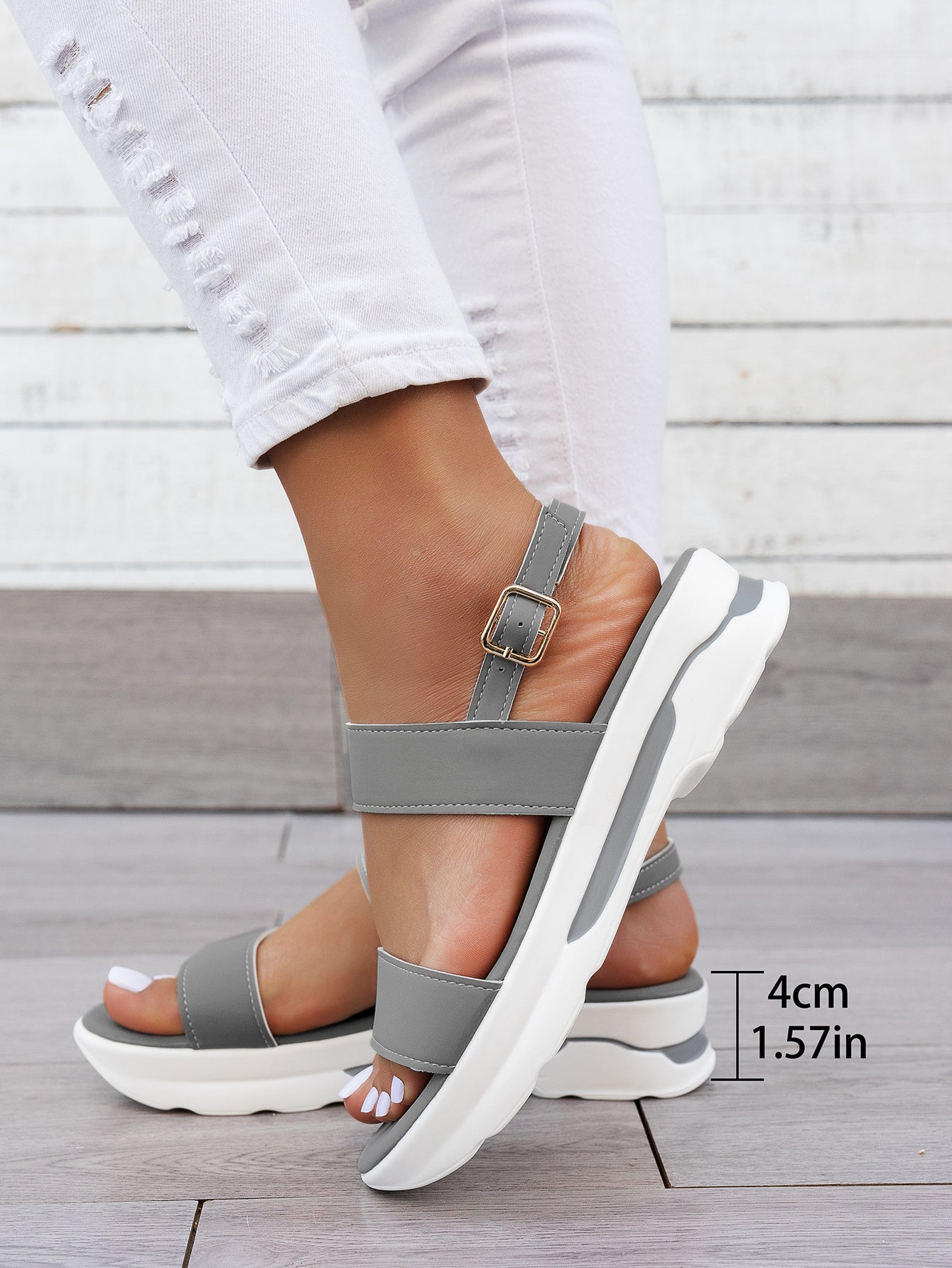 Mhysa Women's Comfortable Open-Toe Platform Sandals with Thick Sole & Golden Buckle Strap - Summer Casual White PU Cover Ankle Strap Sandals for Casual Attire, Ladies Sandals