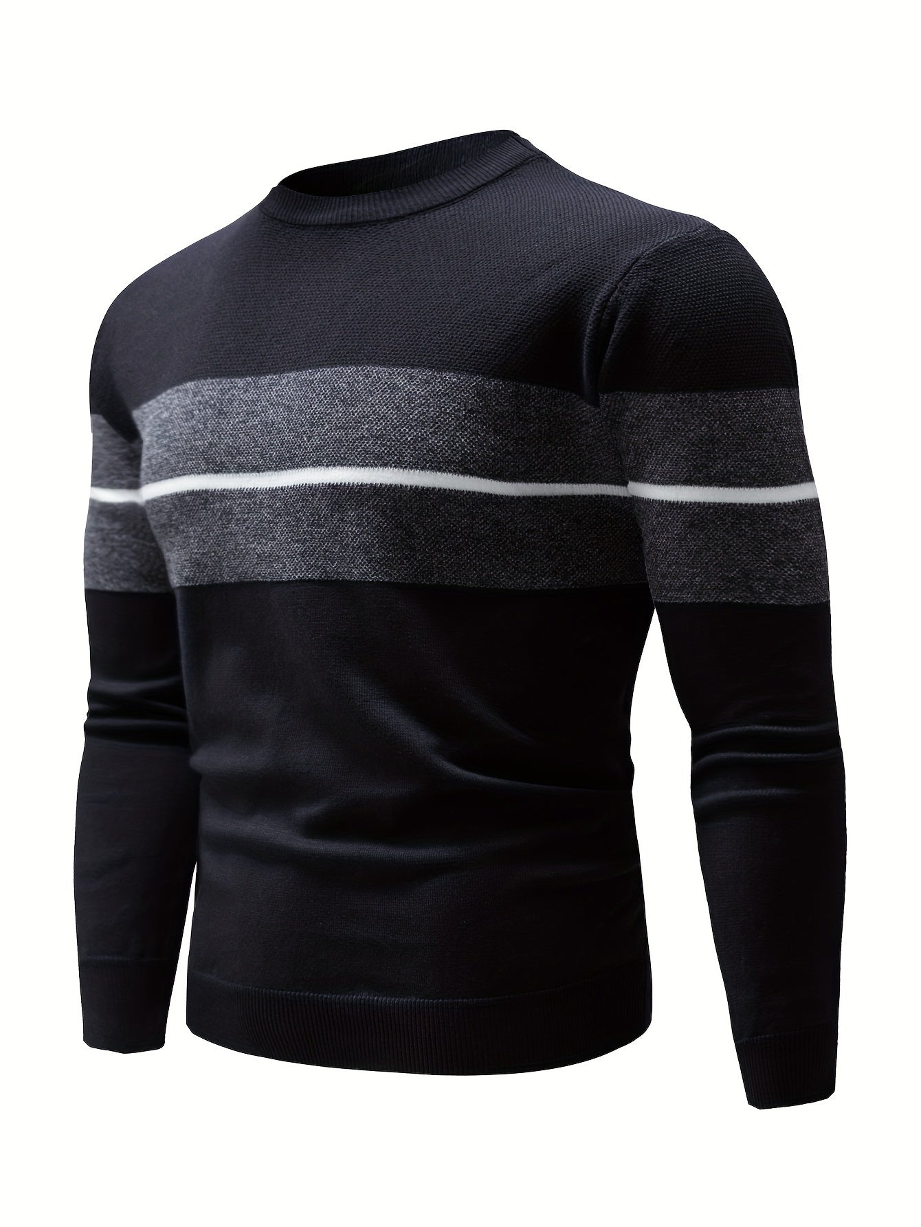 Men's Casual Round Neck Sweater - Two-Tone Color Block, 100% Polyester, Stretch Knit, Long Sleeve - Perfect for Fall/Winter